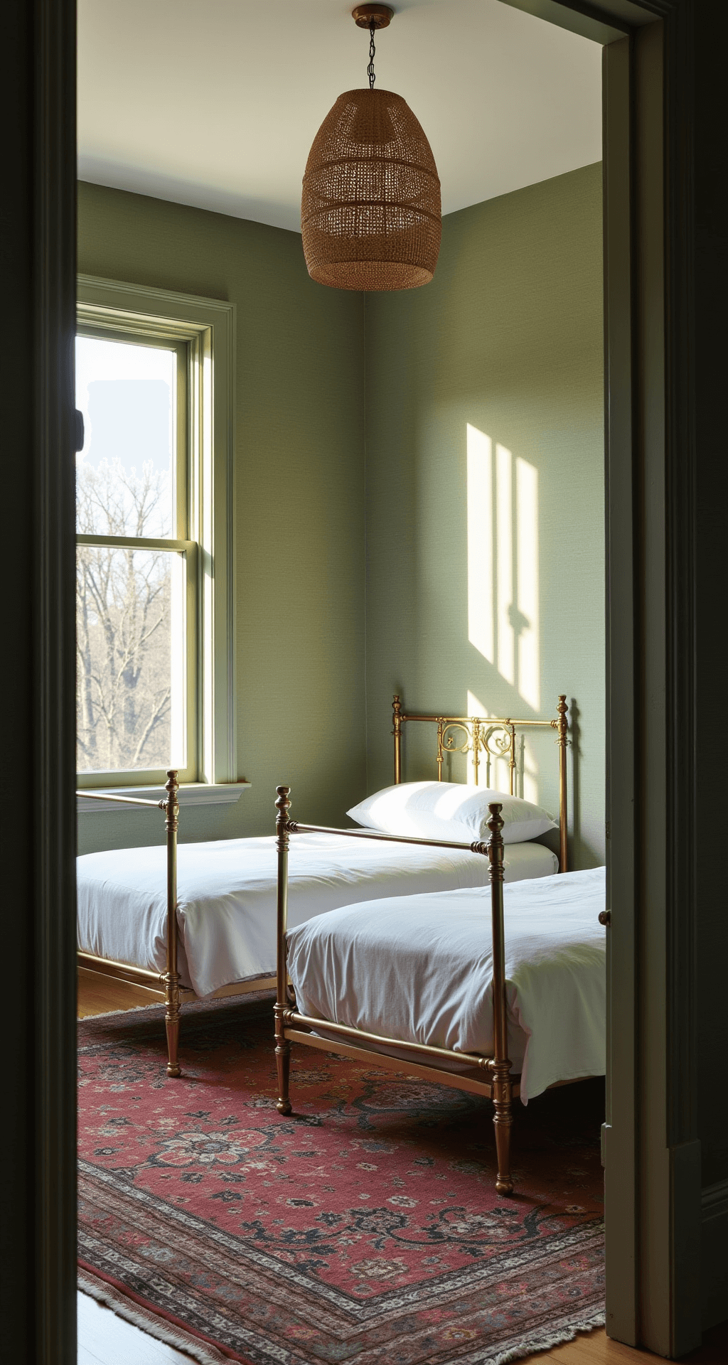 Wallpaper vs. Paint: The Ultimate Bedroom Makeover Guide Cozy guest bedroom with sage green grasscloth wallpaper, twin brass beds with white linens, a vintage Persian rug, and a rattan pendant light, illuminated by afternoon light through a bay window.