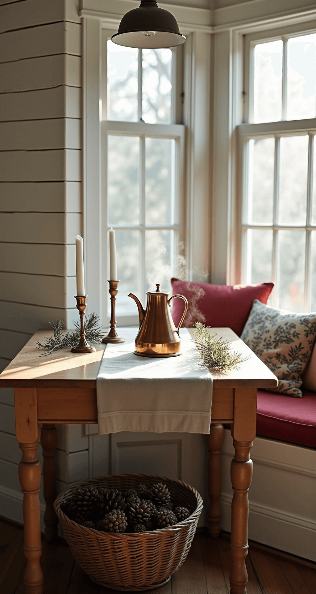 Intimate kitchen nook bathed in early morning light, featuring white shiplap walls, a bay window, and a vintage pine table adorned with a linen runner, brass candlesticks, and fresh pine sprigs. A steaming copper kettle rests on a marble counter next to stacked ironstone mugs, while a woven basket of pinecones sits beneath a red velvet-cushioned window seat. The scene is captured from a 45-degree angle, emphasizing the steam and warm morning rays.