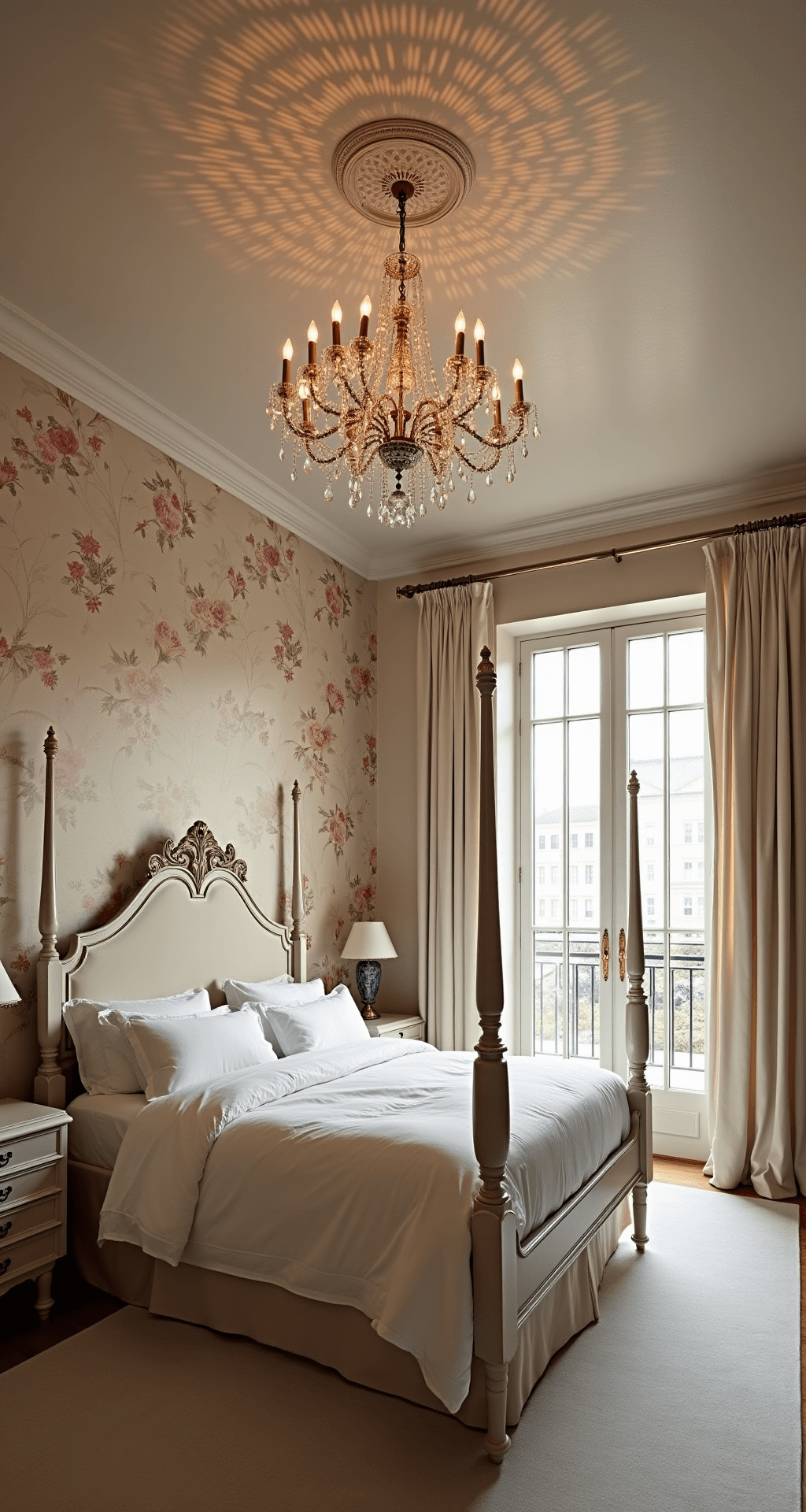 Wallpaper vs. Paint: The Ultimate Bedroom Makeover Guide Romantic master suite featuring vintage floral wallpaper in blush and ivory, a crystal chandelier, an antique white four-poster bed dressed in luxurious linens, and French doors leading to a balcony, captured at golden hour with soft diffused lighting.