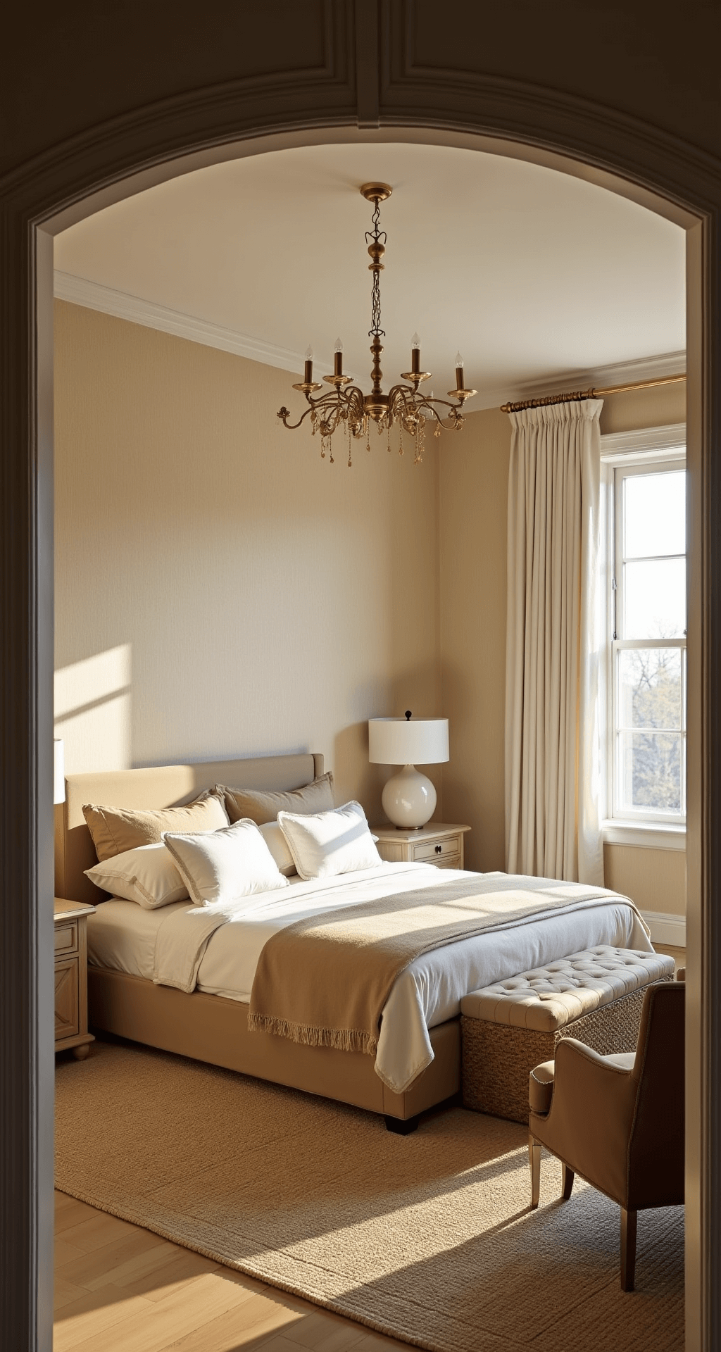 A sunlit master bedroom with high ceilings, featuring beige grasscloth wallpaper, a king-size bed dressed in cream linen and champagne silk, a brass chandelier, bleached oak side tables, a bay window with sheer curtains, and a warm taupe velvet accent chair.