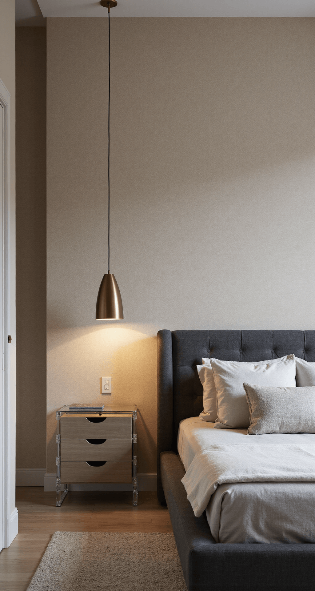 A sophisticated modern geometric bedroom with beige hexagonal pattern wallpaper, featuring 12ft walls, a charcoal grey platform bed against a textured feature wall, lucite nightstands with metallic gold pendant lights above, and strategic uplighting enhancing the room's depth.