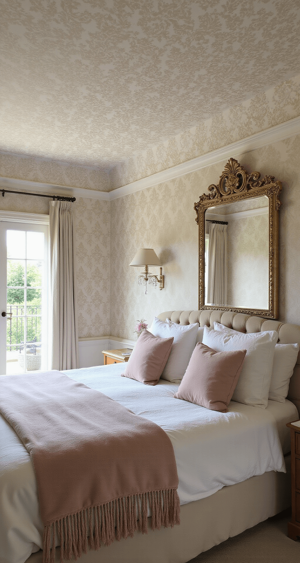 Intimate bedroom featuring beige damask wallpaper on walls and ceiling, a cream velvet queen bed with tufted headboard, vintage crystal sconces, an ornate gold mirror, and blush accents, all illuminated by soft morning light through French doors.