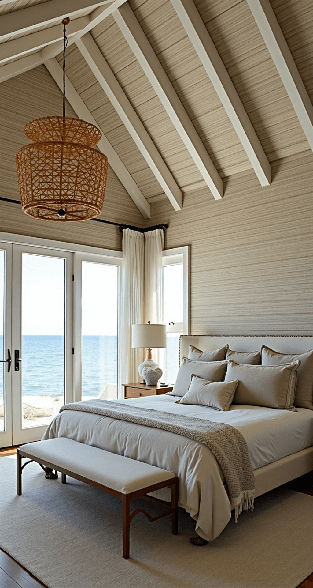 Coastal-inspired bedroom featuring a California king bed, textured beige grasscloth wallpaper, and floor-to-ceiling windows overlooking water, complemented by whitewashed beams and a rattan pendant light, styled with beach finds and coral specimens, captured with wide-angle perspective and natural light.