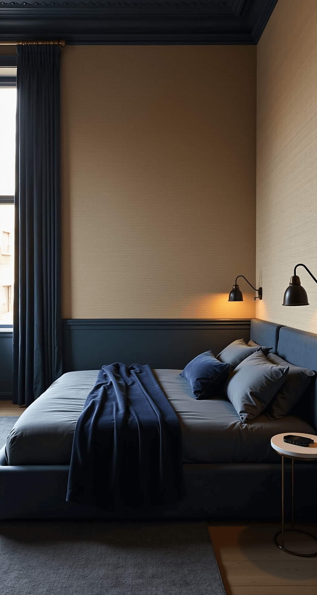 A moody corner bedroom shot at blue hour, featuring beige textile wallpaper with metallic threads, a queen bed in charcoal linens and navy velvet, oxidized brass sconces, and dark wood furniture, captured from a dramatic overhead angle emphasizing textures and indirect lighting.