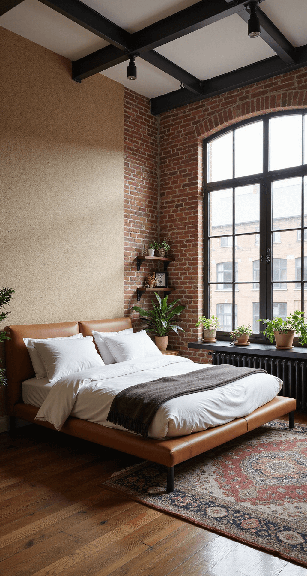 Bright studio bedroom featuring 14ft exposed brick walls painted warm beige, a geometric wallpaper accent wall, a cognac leather platform bed beneath steel windows, black metal pendant lights, and pipe shelving, with plants enhancing the industrial aesthetic, all captured in natural light with a warm tungsten mix.
