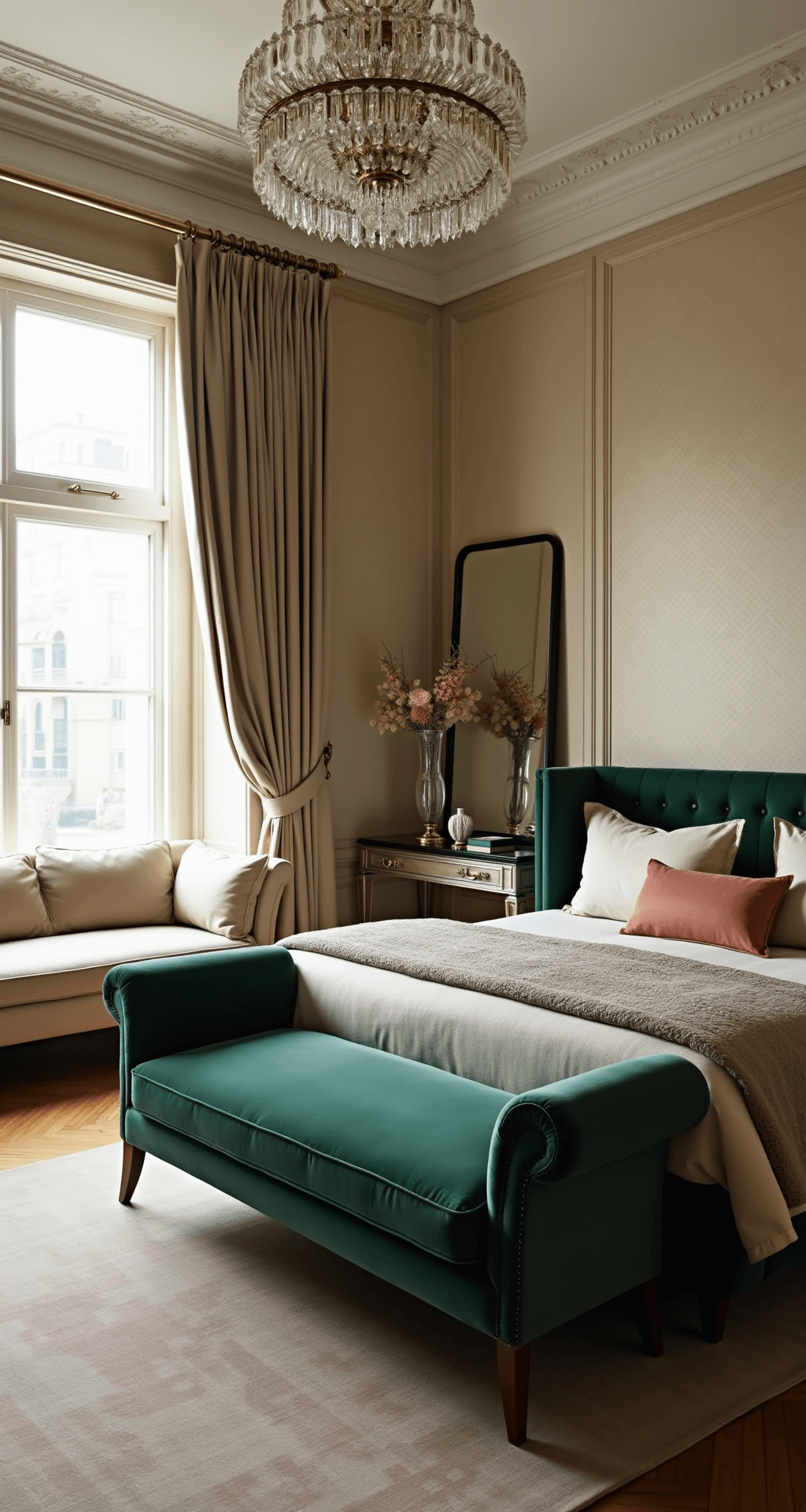 Luxe primary bedroom featuring a sitting area with early morning light filtering through floor-length drapes, beige silk wallpaper, an emerald green velvet bed, crystal chandelier, mirrored furniture, herringbone wood floors, and a low camera angle that highlights the room’s height.