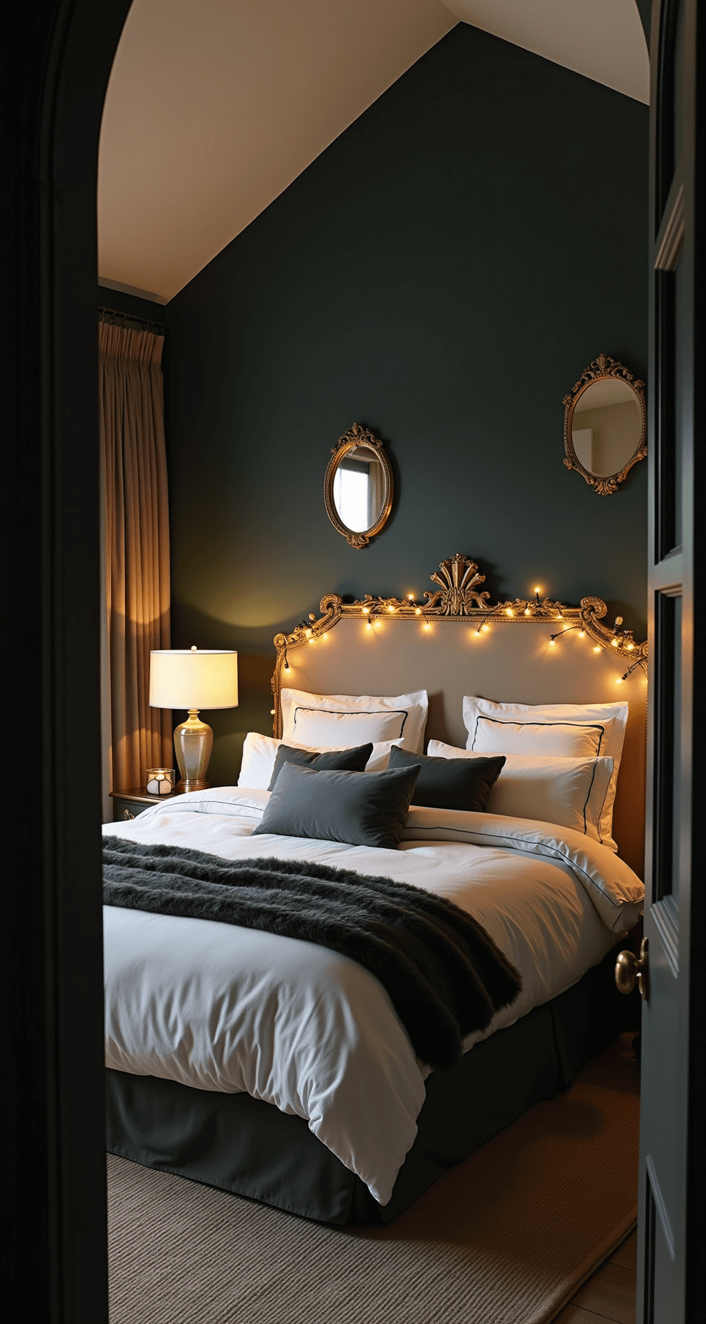 A cozy master bedroom at dusk featuring a king bed layered with white linen, charcoal velvet, and faux fur throws, with antique brass headboard adorned with fairy lights. The room has a deep forest green accent wall and vintage gold mirrors reflecting warm lamp light, captured from a low angle at the doorway for an intimate atmosphere.