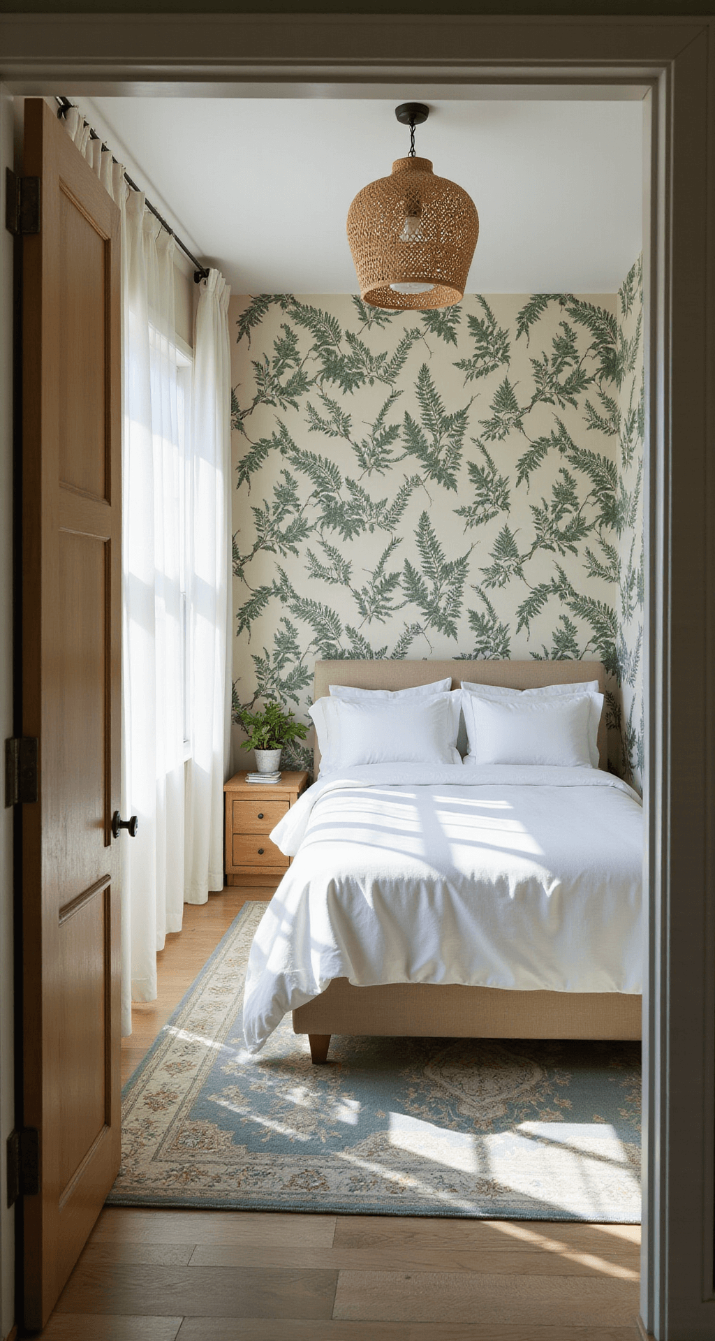 A beautifully lit 12x14ft bedroom featuring botanical print wallpaper, a king-size bed with white linens, natural wood nightstands, and a rattan pendant light, anchored by a muted Persian rug.