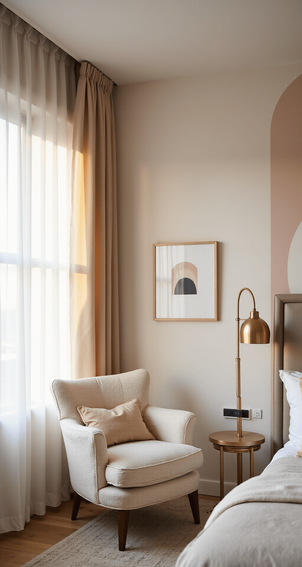A cozy bedroom corner featuring minimalist abstract wallpaper with soft geometric arches in pale blush and ivory, illuminated by warm golden hour light. A modern cream bouclé accent chair is positioned beneath a brass floor lamp, while layered textile art complements the wallpaper design. The shot is taken at a 45-degree angle, highlighting the ceiling height and creating an atmosphere of warm, sophisticated calm.