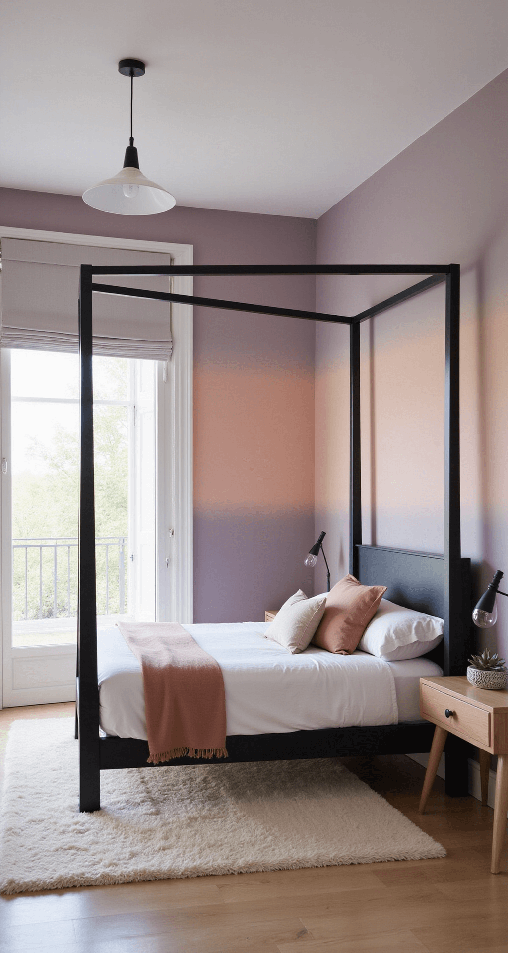 A serene bedroom featuring ombré wallpaper in lavender and peach, a matte black canopy bed, light wood furniture, and a plush cream area rug, illuminated by diffused mid-morning light through translucent Roman shades.