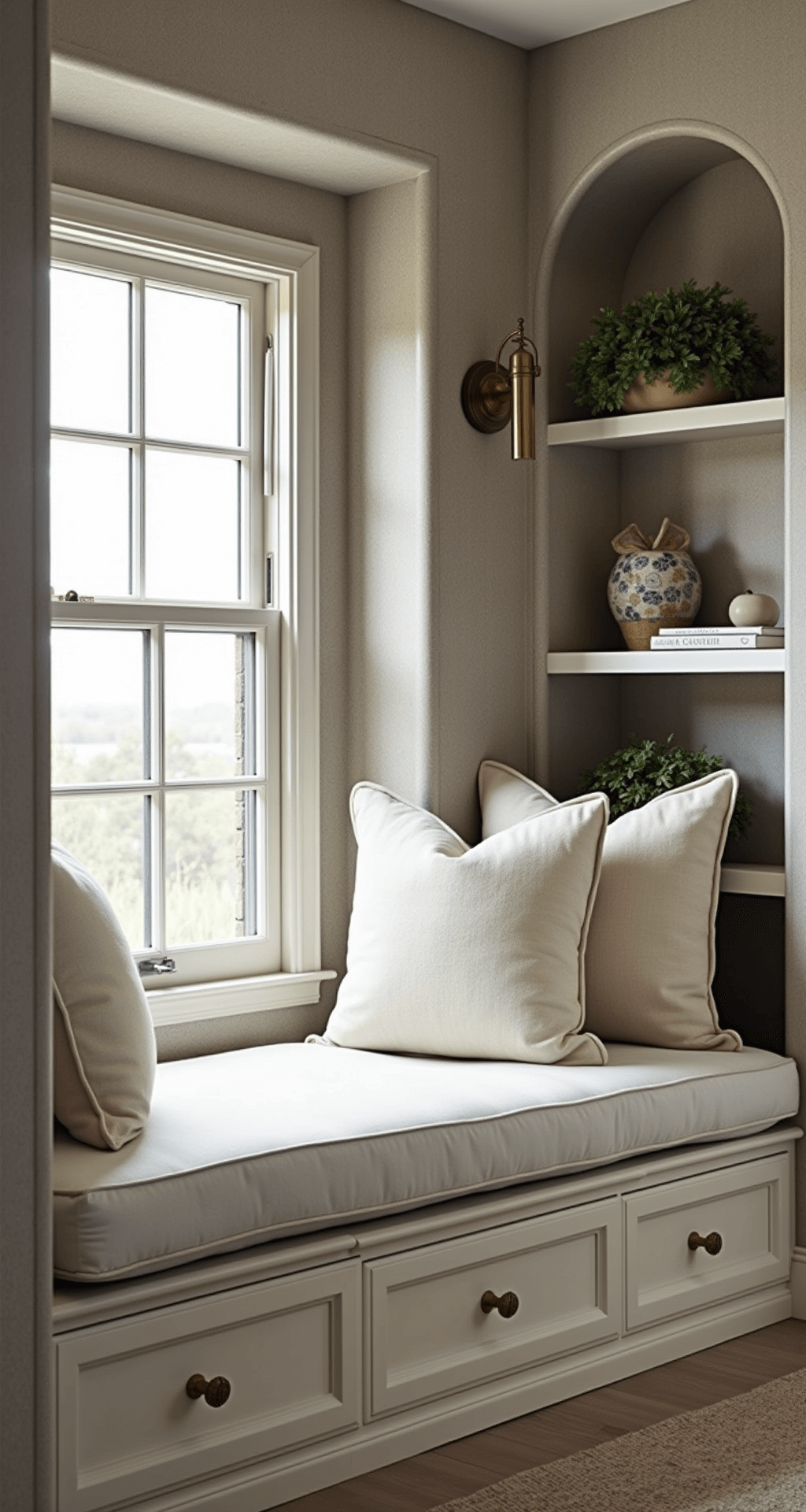 Cozy alcove bedroom featuring textured warm grey grasscloth wallpaper, a built-in window seat adorned with ivory cushions and gathered throw pillows, a brass library sconce, and floating shelves with curated objects, all illuminated by gentle early morning light.