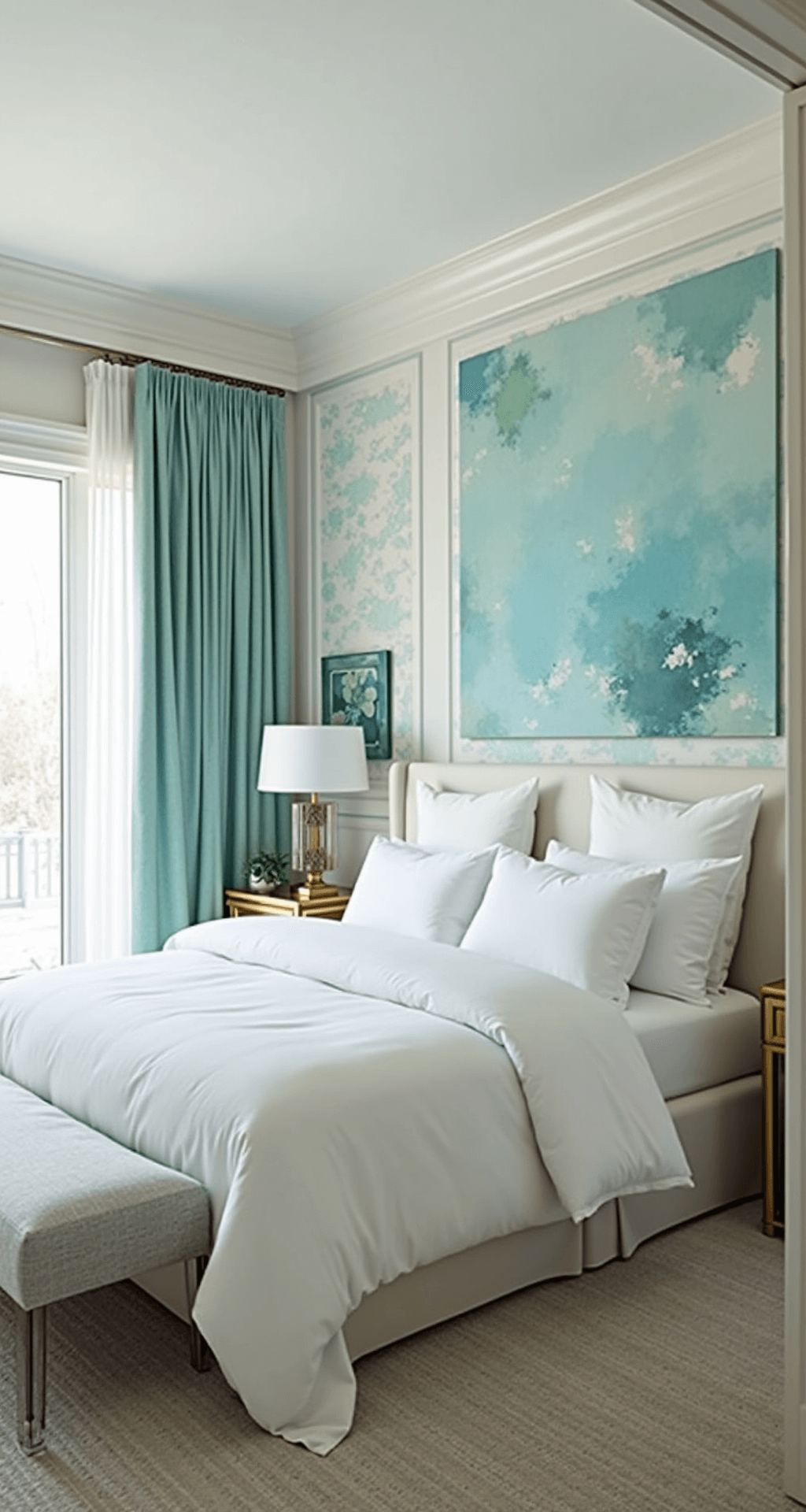 Light-filled 13x14ft bedroom featuring ethereal blue and seafoam green watercolor wash wallpaper, floor-to-ceiling windows with sheer drapery, a queen bed with white linen, oversized abstract art in complementary colors, and lucite and brass accents, all captured from the doorway in natural daylight with subtle rim lighting.