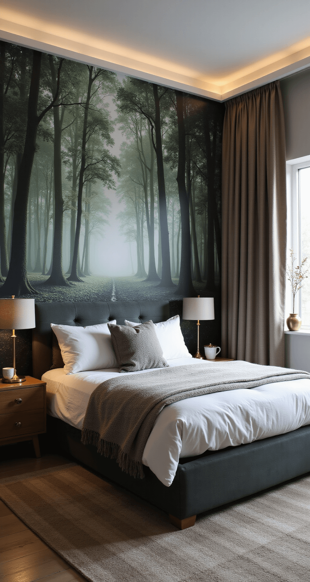 Moody primary bedroom with forest scene mural, featuring a low-profile charcoal velvet bed, vintage brass mirrors, ceramic lamps, and layered neutral rugs, illuminated by dimmable LED cove lighting.