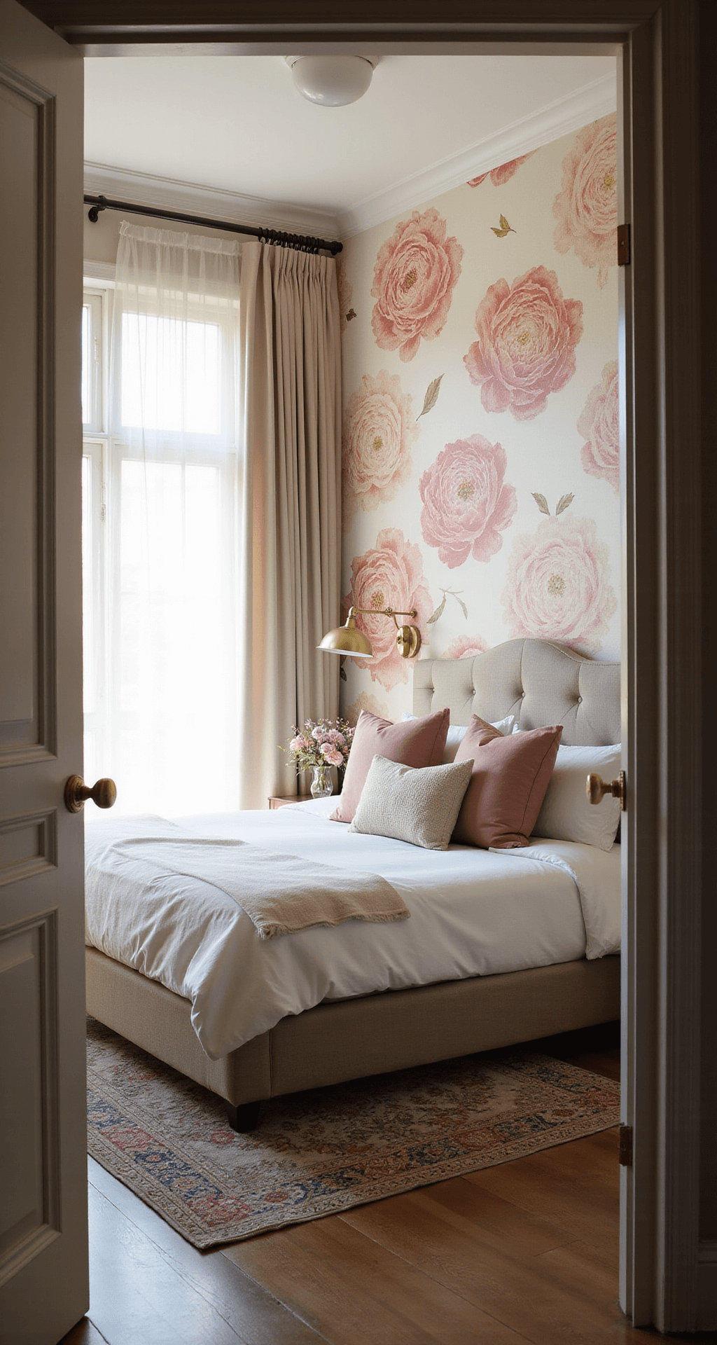 Serene master bedroom featuring oversized peony wallpaper in soft blush and cream, a king-size upholstered bed, and warm golden hour sunlight filtering through sheer curtains, with a vintage Persian rug anchoring the space.