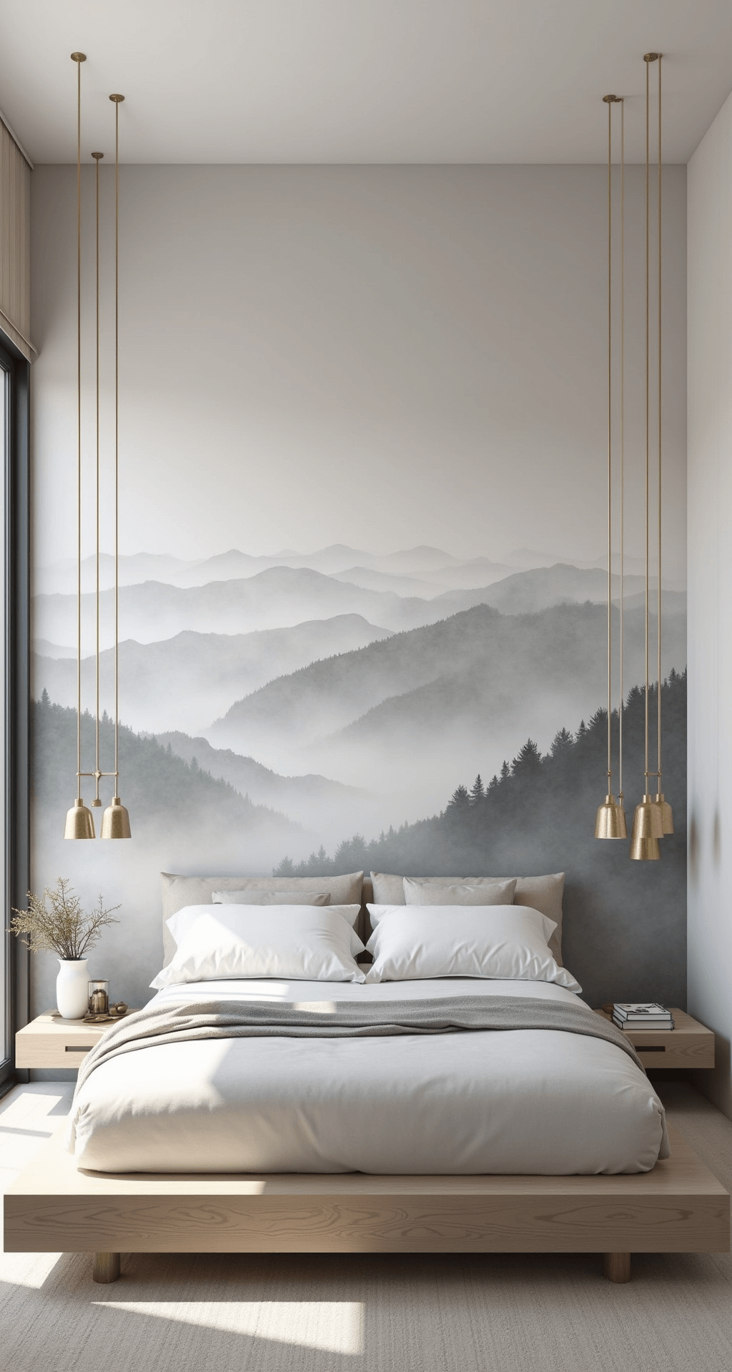 A light-filled corner bedroom featuring dramatic watercolor mountain mist wallpaper, a modern bleached oak platform bed with white linens, and minimalist brass pendant lights, all captured from an elevated angle to emphasize the height and sweeping design of the space.