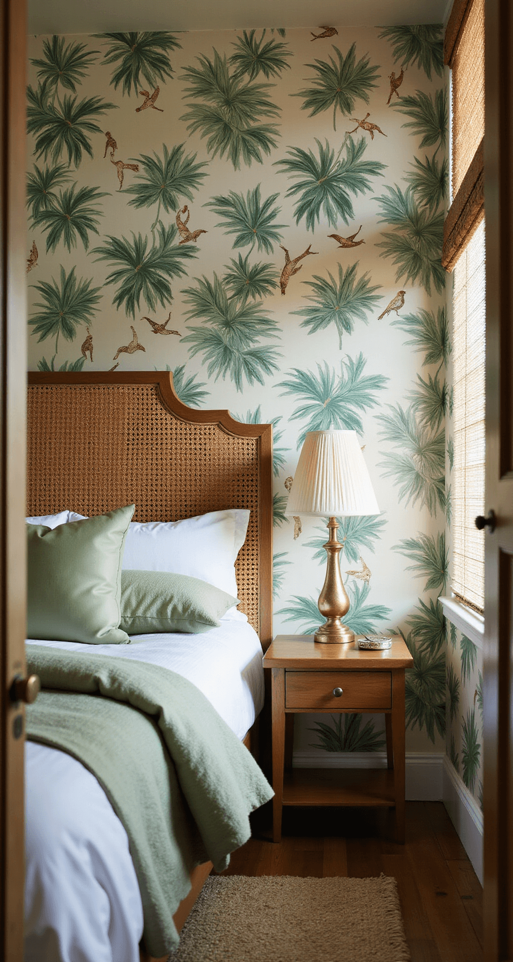 Intimate bedroom nook featuring tropical chinoiserie wallpaper with emerald palms and golden birds, a queen bed with a rattan headboard, and dappled afternoon light filtering through bamboo blinds, shot from a low angle near the doorway.