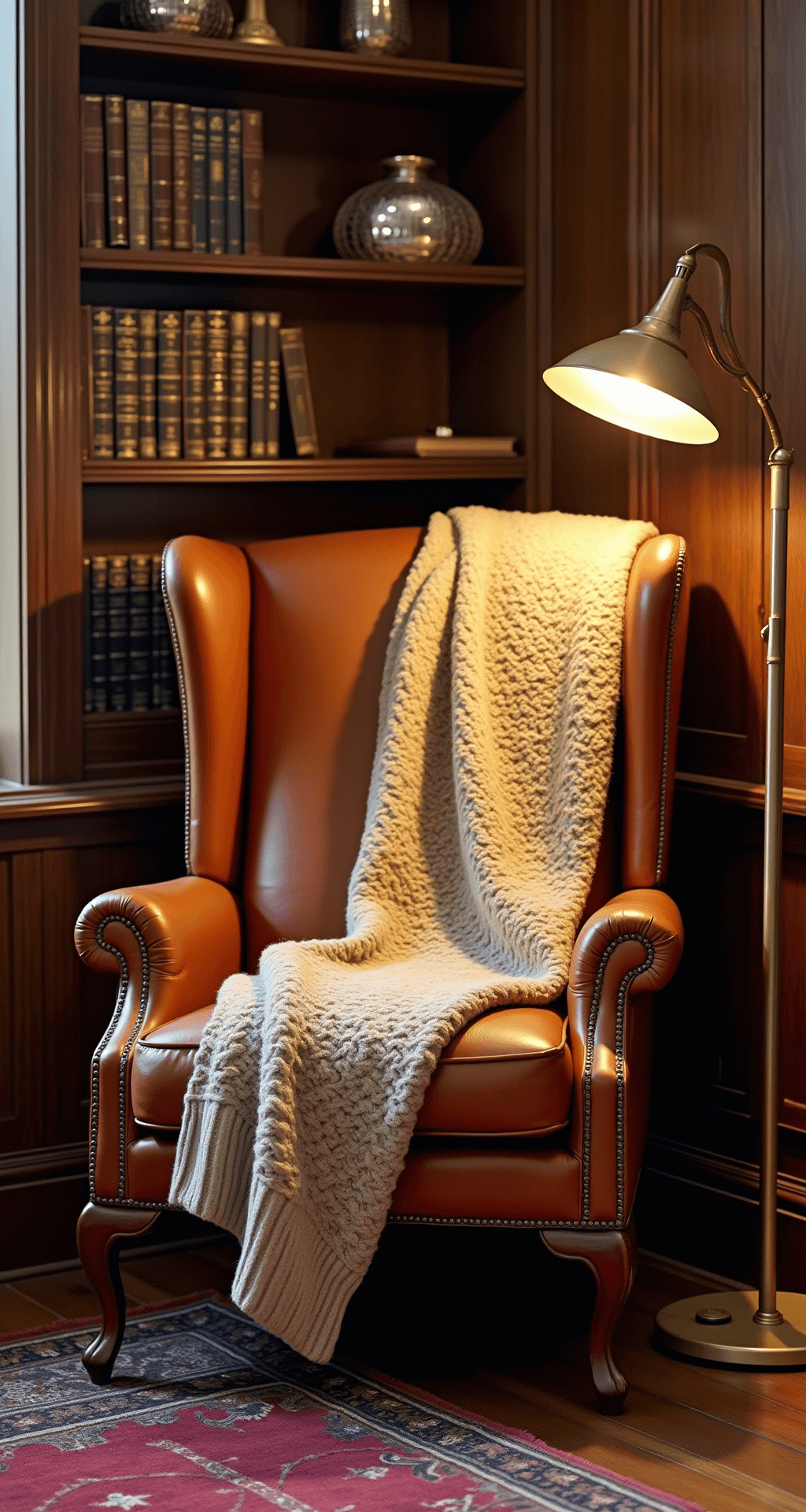 Cozy reading corner in a library nook featuring a leather wingback chair with an oatmeal cable knit throw, a brass floor lamp providing warm light, built-in shelves with vintage books and mercury glass, and a deep burgundy Persian rug.
