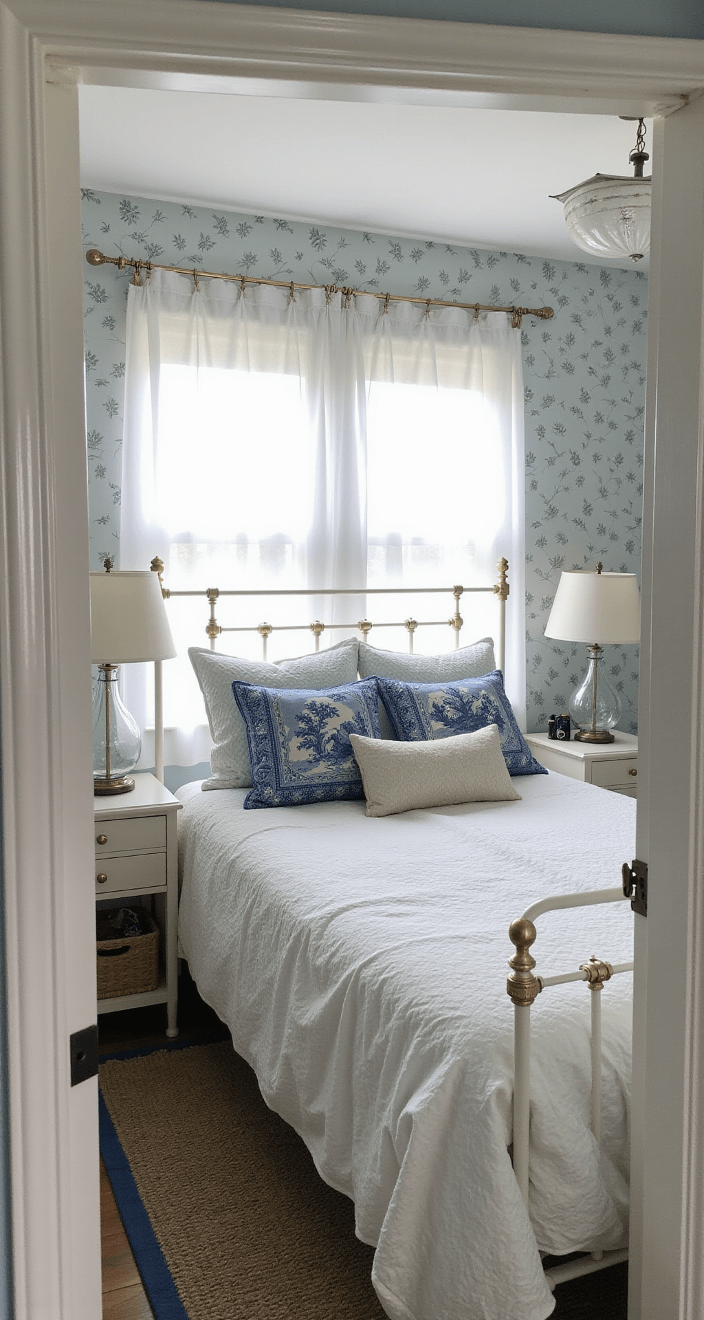 Cozy guest bedroom featuring powder blue and silver bird motif wallpaper, a full-size white iron bed with a vintage quilt, blue toile pillows, and soft illumination from mercury glass lamps, all captured in mid-morning light with a sisal rug and white sheer curtains.