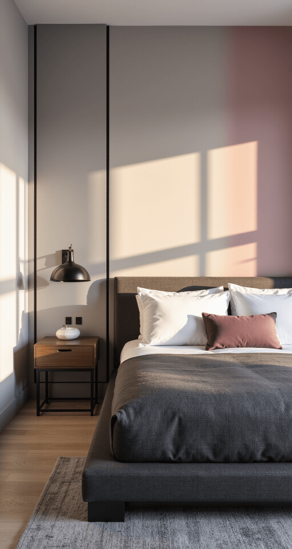 A modern primary suite featuring gradient wallpaper from pale grey to blush pink, illuminated by golden hour light. The room includes a king platform bed in charcoal linen with white bedding and mauve accents, minimalist black sconces with frosted globes, and a grey wool area rug, captured from a corner angle that emphasizes the color transition.