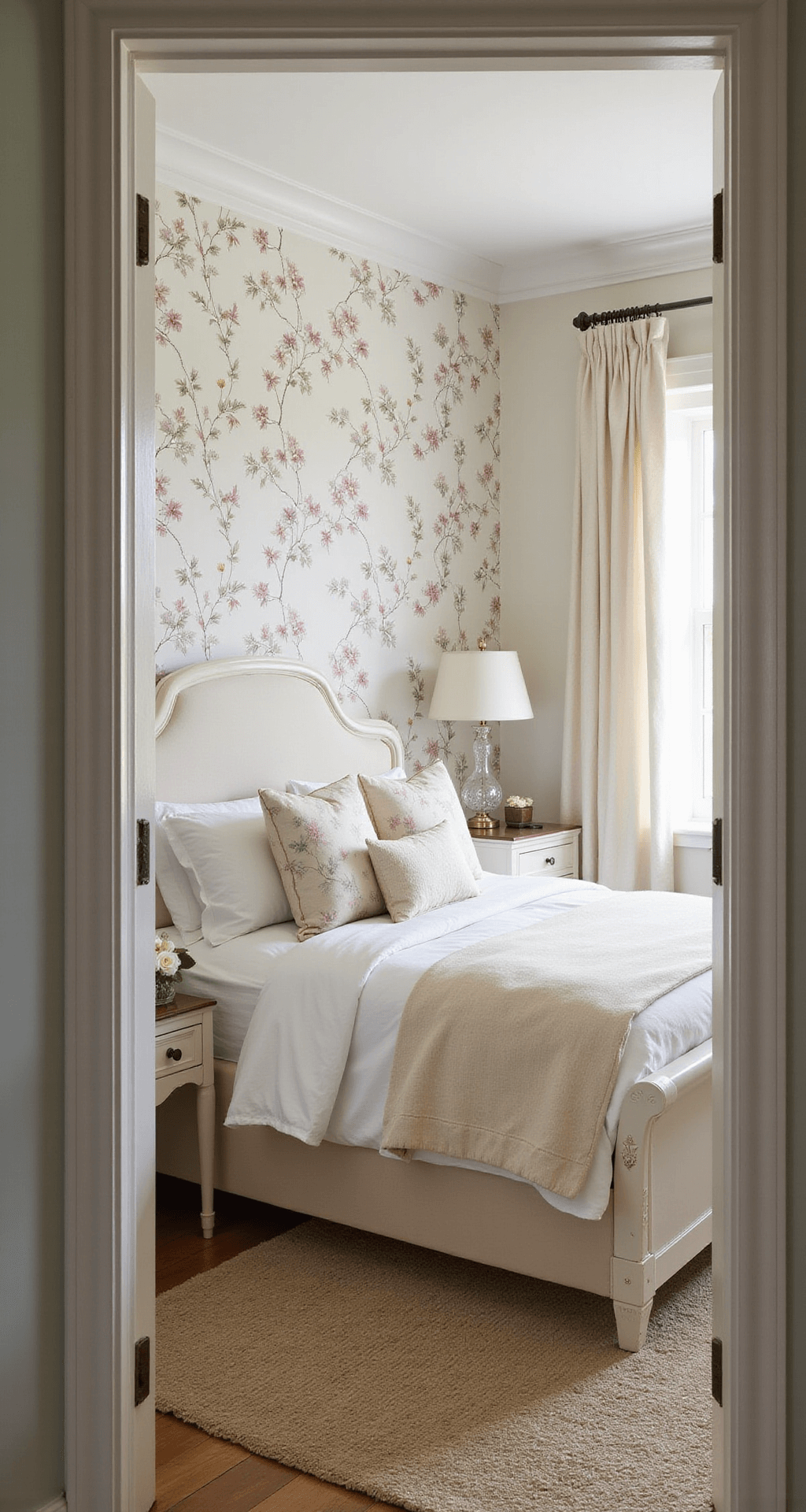 A cozy romantic bedroom featuring a queen sleigh bed with cream linens and floral pillows, soft pastel wildflower wallpaper, and gentle afternoon light creating shadows, viewed from the doorway with a focus on floral details.