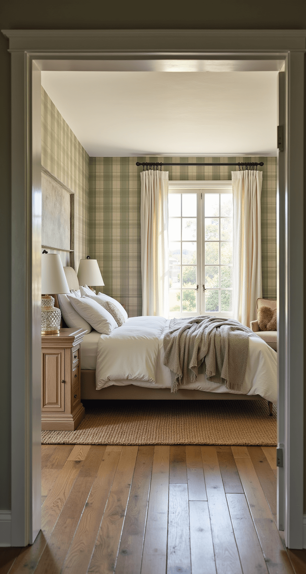 A cozy farmhouse bedroom with a king-sized bed against a plaid accent wall, bathed in golden morning light, featuring weathered oak furniture and layered bedding in ivory and gray.