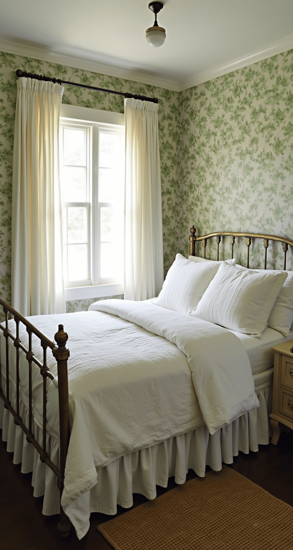 A cozy guest bedroom featuring soft green and cream botanical print wallpaper, a vintage iron bed with white linens, distressed white furniture, and a jute rug, all softly illuminated by dappled light filtering through sheer curtains.