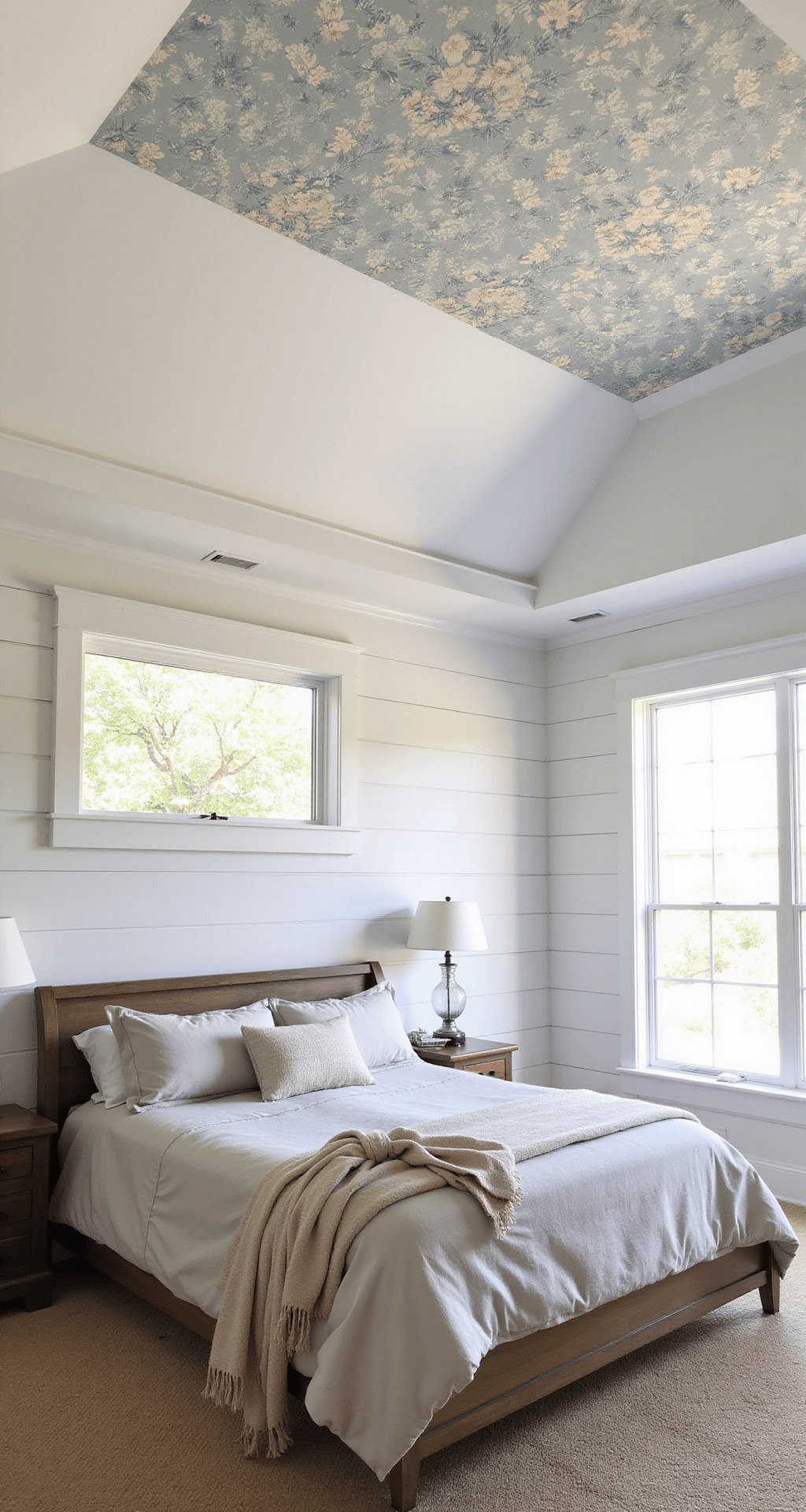 A sun-drenched master bedroom featuring a 10ft tray ceiling with vintage floral wallpaper, white shiplap walls, a California king bed with natural linen bedding, reclaimed barn wood side tables and mercury glass lamps, captured from a low angle with morning light filtering through east-facing windows.