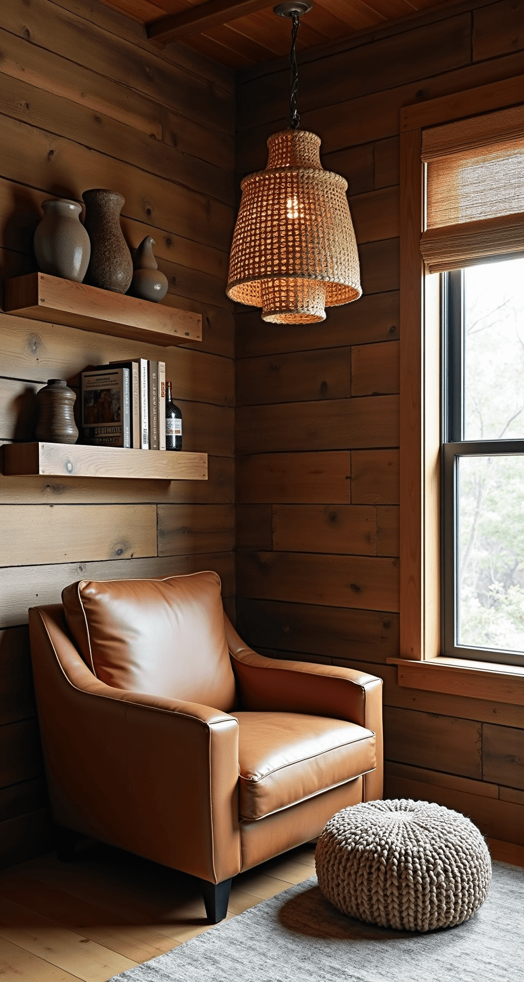 Cozy reading nook featuring faux wood wallpaper, an oversized leather armchair, a chunky knit pouf, and floating reclaimed wood shelves with vintage books and pottery, illuminated by a woven seagrass pendant light and warm afternoon light filtering through bamboo shades.
