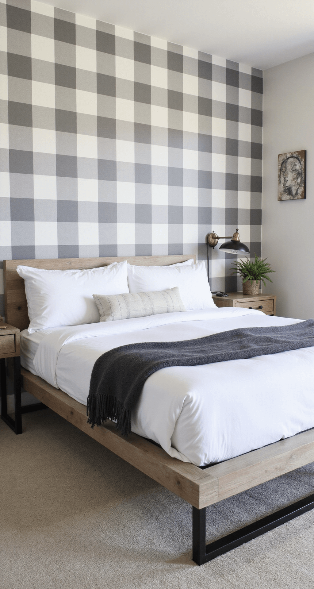 Light-filled 16x14ft bedroom with gray and white buffalo check accent wall behind a modern farmhouse platform bed, featuring crisp white bedding and charcoal wool throws, mixed metal accents, and natural morning light with rim lighting.