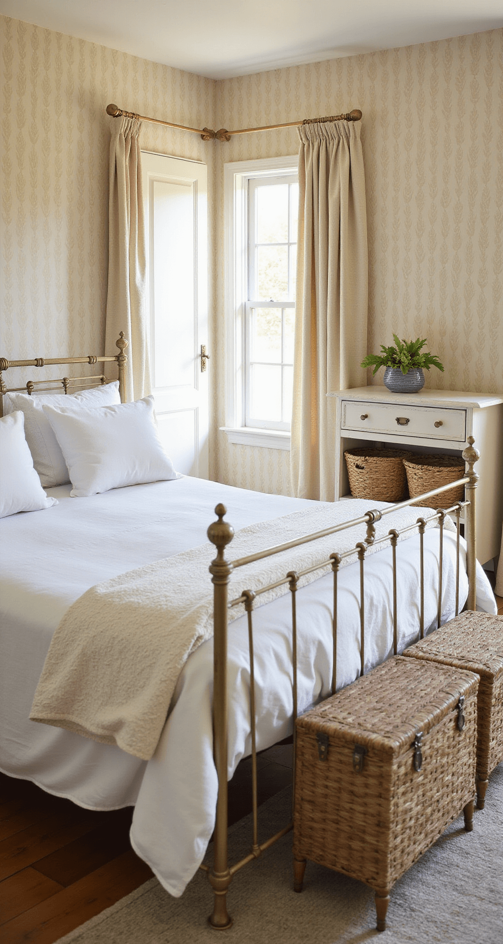 A tranquil guest room featuring peel-and-stick wheat pattern wallpaper in soft beige and cream, an antique brass bed with cloud-white linens, and distressed cream furniture, all illuminated by warm golden hour light.
