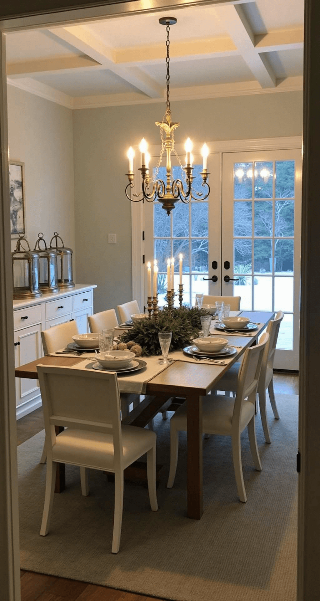 A cozy twilight dining room featuring a coffered ceiling, a farmhouse table set for eight with white pottery, silver chargers, and crystal stemware. A fresh garland centerpiece with white taper candles in brass holders adorns the table. A sideboard showcases a vintage silver collection and illuminated glass cloches. French doors open to a snow-dusted patio, framed by the doorway.