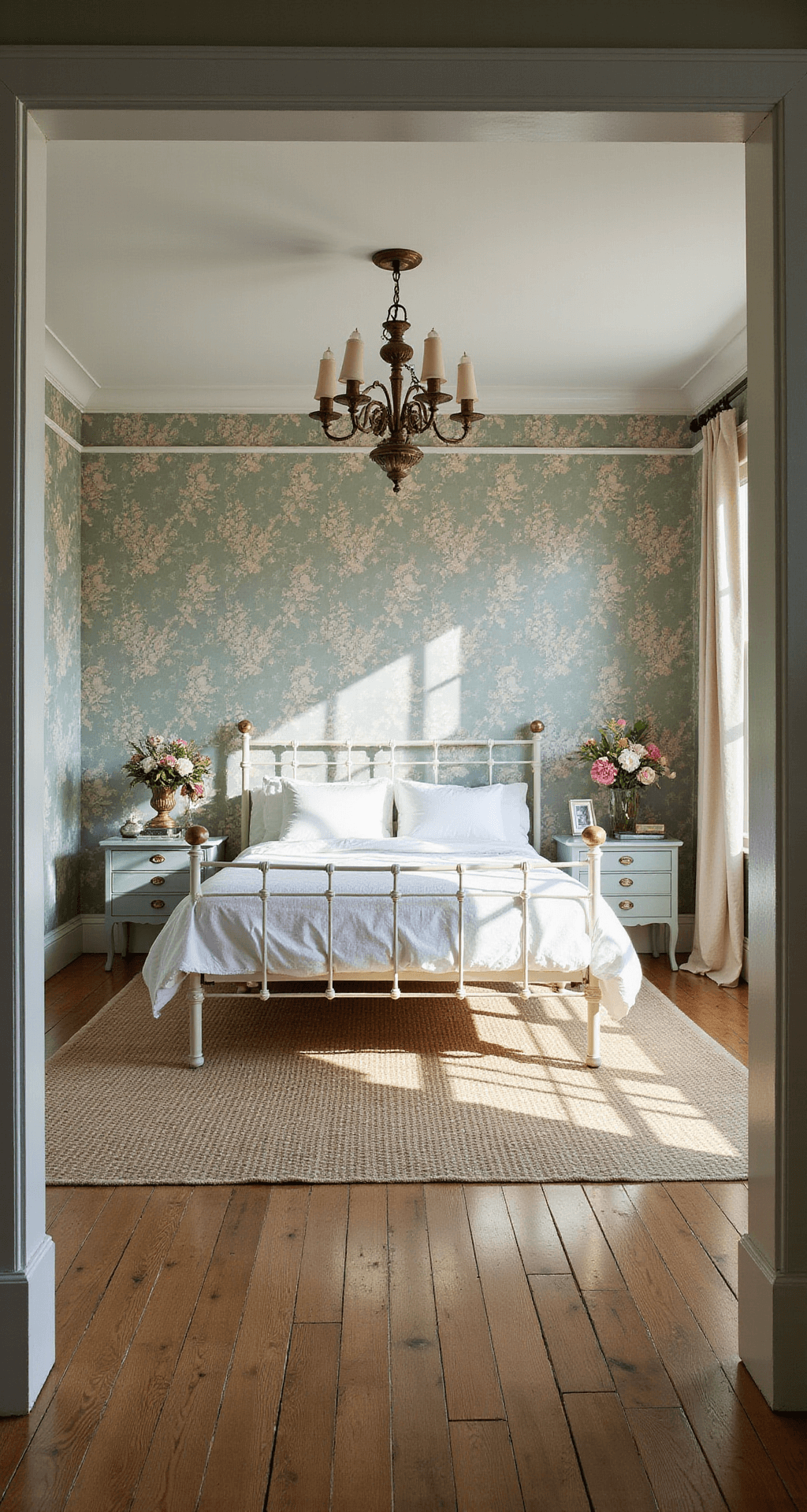 A cozy 12x14ft bedroom featuring a statement wildflower wallpaper in muted sage and cream, with a white iron bed, vintage painted side tables, a collection of brass mirrors, and layered natural fiber rugs. Late afternoon light casts dramatic shadows and highlights the wallpaper details, captured from the doorway with a telephoto lens.