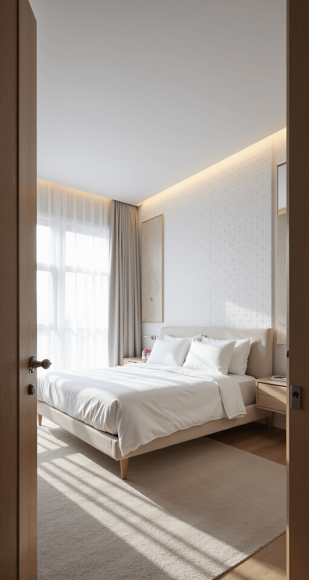 A bright, airy bedroom featuring a queen bed with white linens, sheer curtains, and pearl-white textured wallpaper, complemented by Scandinavian-style light wood furniture and soft LED lighting.