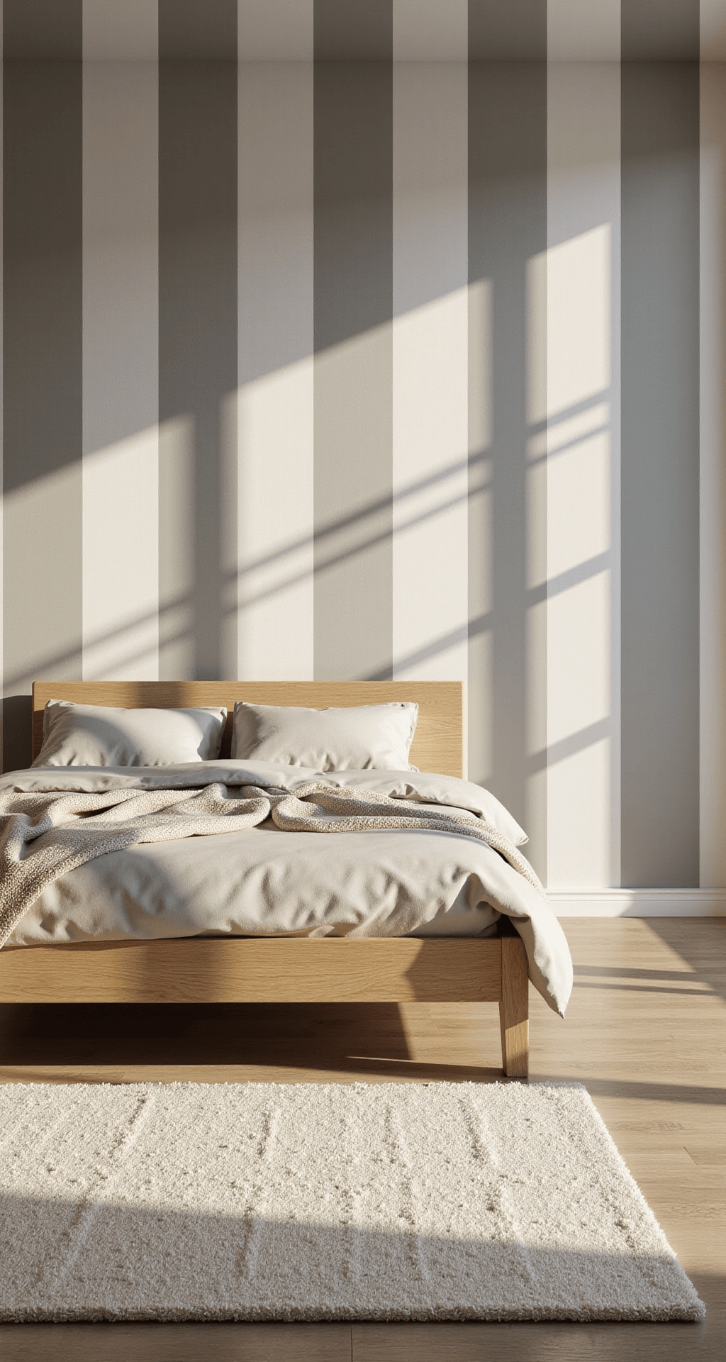 Cozy bedroom with vertical striped wallpaper in soft grey and white, featuring a light oak platform bed and an ivory area rug, illuminated by warm late afternoon light.