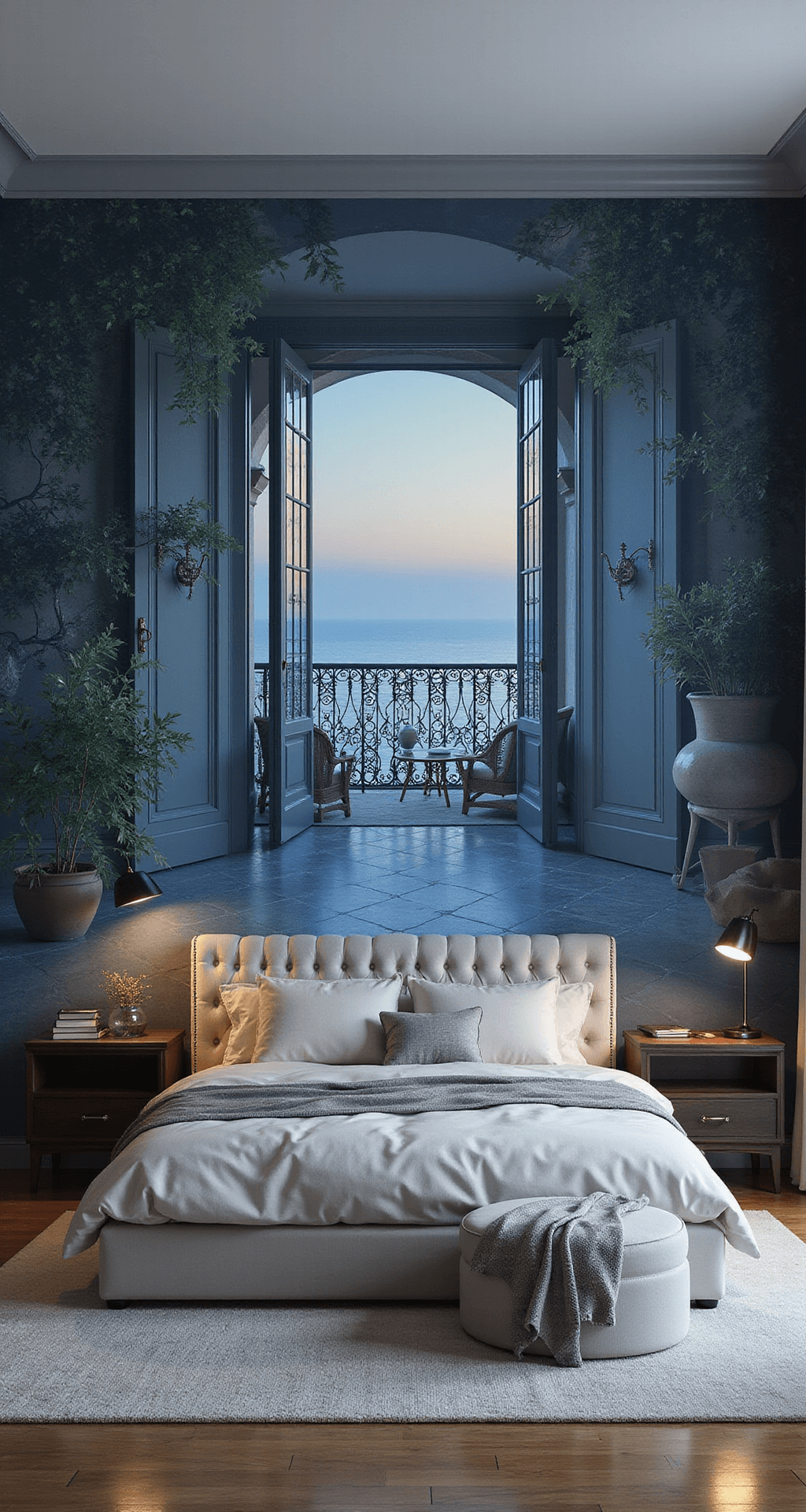 Dramatic master bedroom with trompe l'oeil mural of a Mediterranean balcony view, subtly lit during blue hour, featuring contemporary neutral-toned furnishings and a pearl grey velvet channel-tufted headboard. Softened foreground at f/4 enhances the 3D depth of the wallpaper, captured from a low camera angle to accentuate spatial illusion.