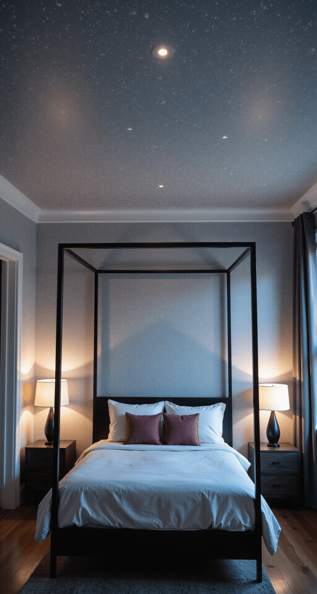 Intimate bedroom at dusk featuring a celestial-themed wallpapered ceiling in soft silver and white, illuminated by recessed lighting. A modern matte black four-poster bed frames the space, captured from a low angle with a wide-angle lens, with cool and warm lighting creating a cozy atmosphere.