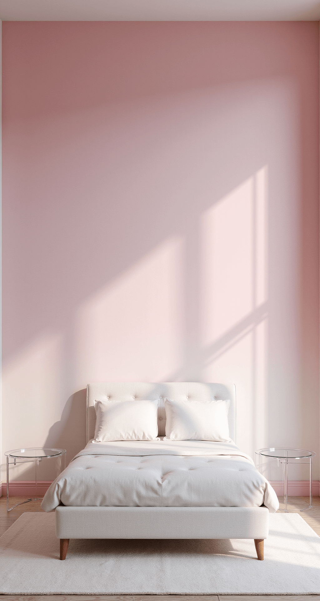 A minimalist bedroom featuring floor-to-ceiling pastel pink ombré wallpaper that casts an ethereal glow, with natural morning light accentuating the color gradient. The white linen upholstered bed is centered between lucite side tables, presented in a soft focus to highlight the wall texture.