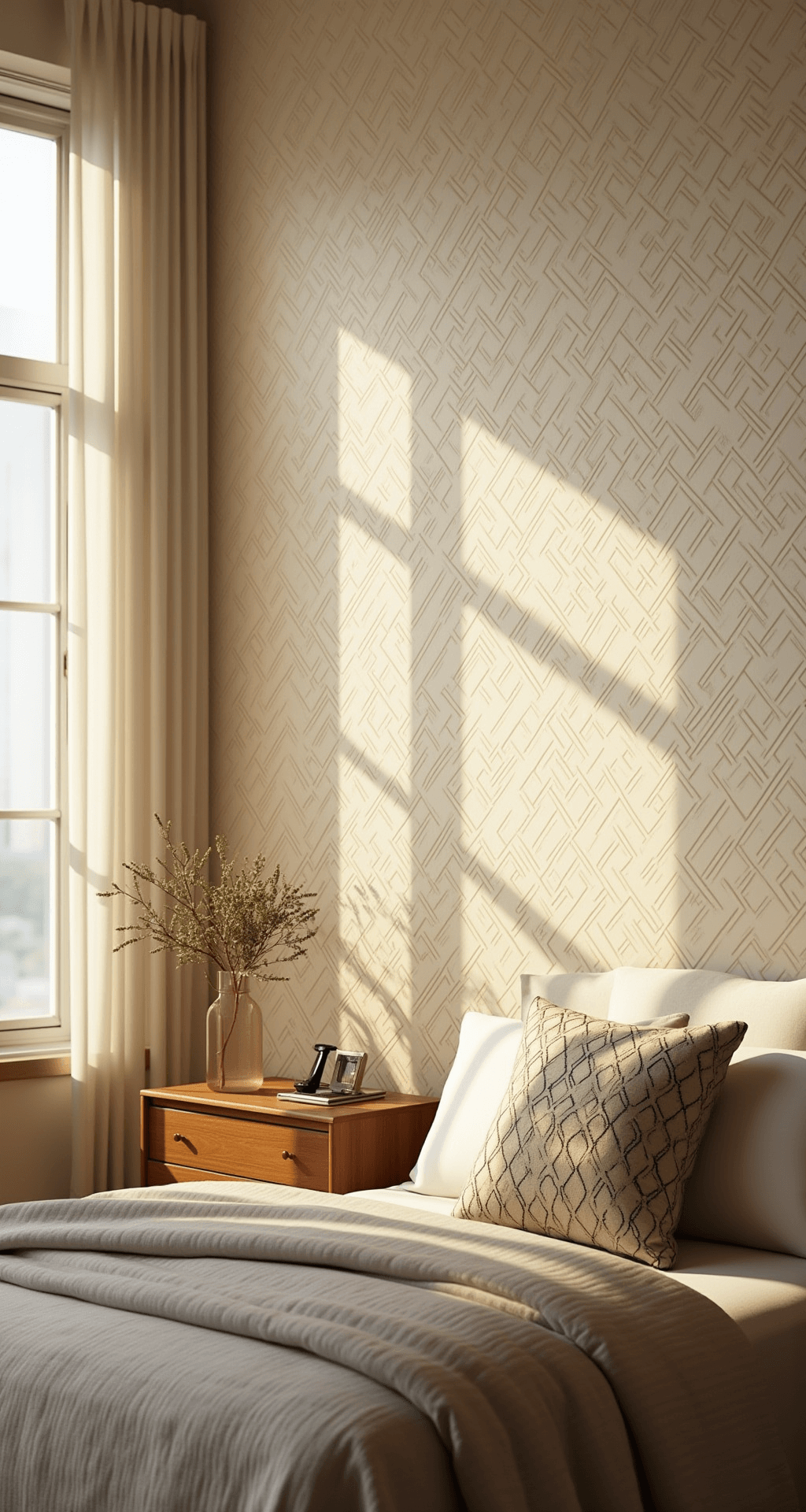 A bright 14x16ft bedroom with geometric art deco wallpaper in cream and pearl, featuring metallic accents. The golden hour lighting enhances the raised patterns, while mid-century modern light walnut furniture adds warmth. The shot is framed at chest height to emphasize the pattern repetition.