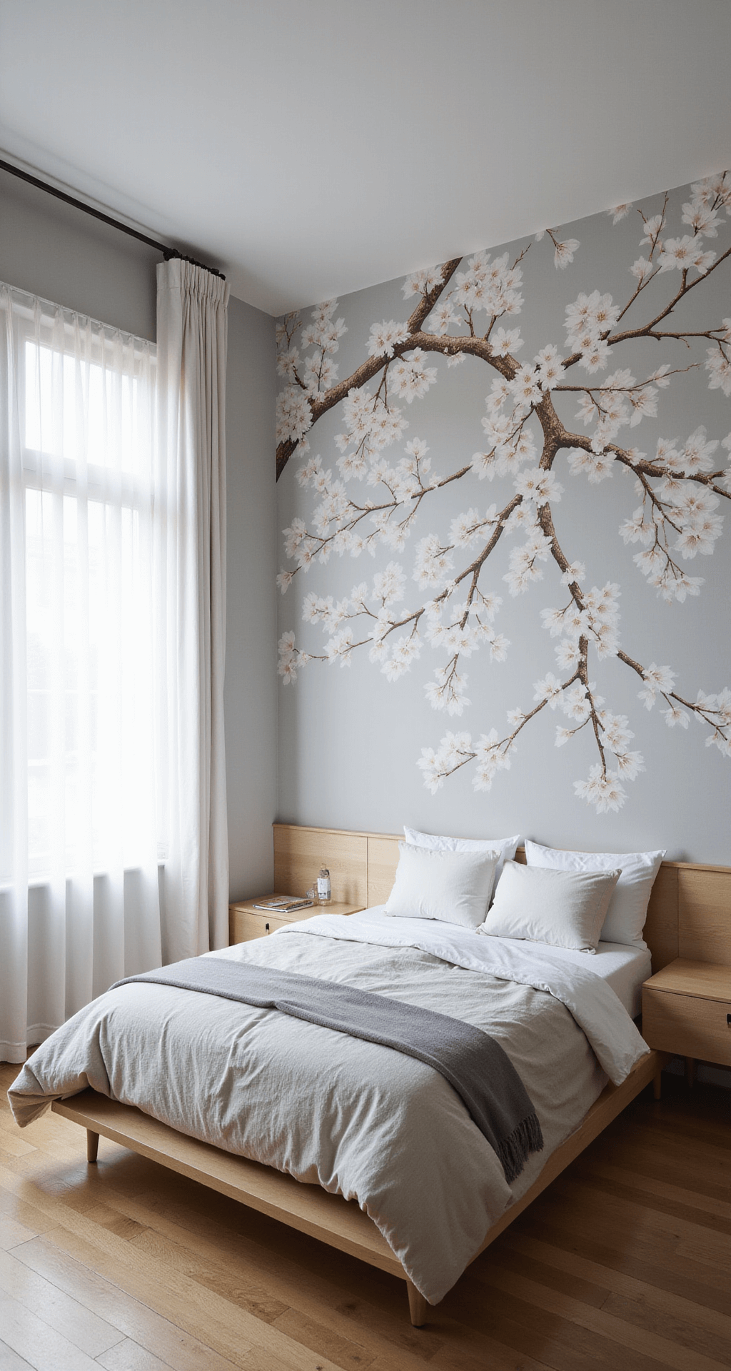 A compact bedroom featuring large cherry blossom branch wallpaper in soft grey and white, illuminated by early morning light through translucent blinds, with a bleached oak platform bed and floating nightstands, photographed from the corner to highlight the wall design.