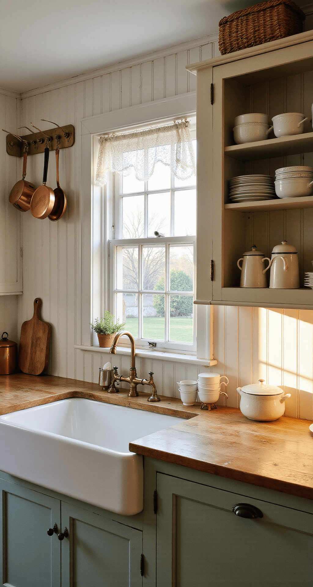 Interior view of a sunlit cottage kitchen with beadboard walls, featuring copper pots on brass pegs, a lace-curtained window above the farmhouse sink, butcher block countertops, and open shelving displaying cream ironstone dishes and glass canisters.