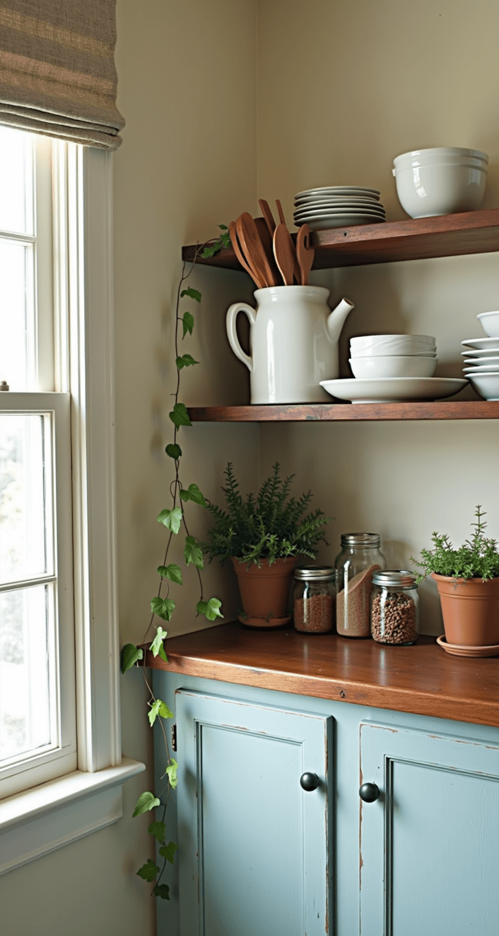 Close-up view of a cottage kitchen corner featuring vintage white ceramic crock with wooden spoons, stoneware mixing bowls on a reclaimed wood shelf, a distressed robin's egg blue cabinet with brass cup pulls, mason jars with dried goods, and trailing ivy in a terracotta pot, illuminated by early morning light.