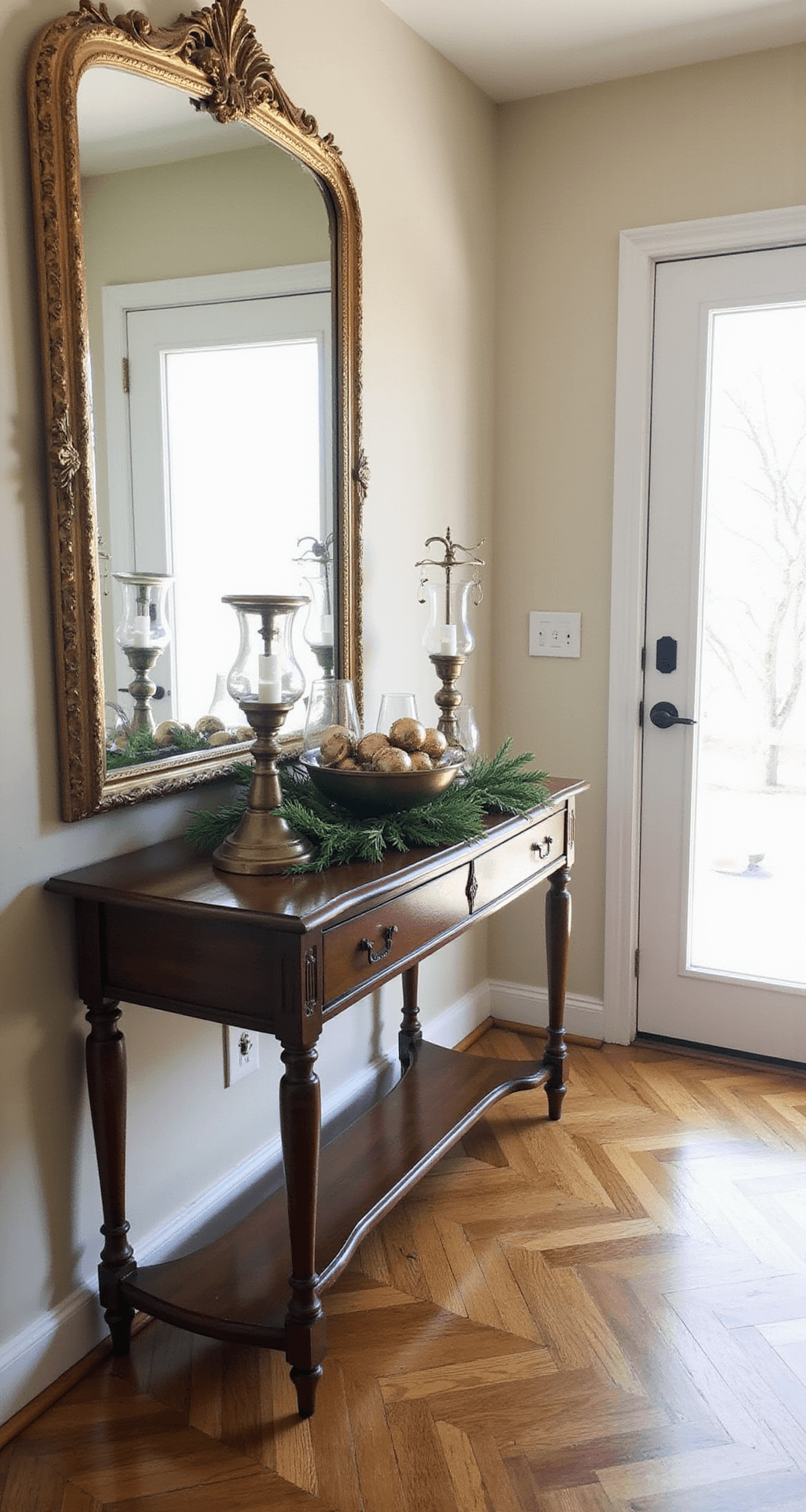 A bright entry foyer featuring herringbone wood floors, an antique console table decorated with mercury glass hurricanes, fresh cedar garland, and a vintage ornament collection in a brass bowl, all reflected in an oversized gilded mirror. The image is captured from a slightly elevated angle to showcase the floor pattern and decor arrangement.