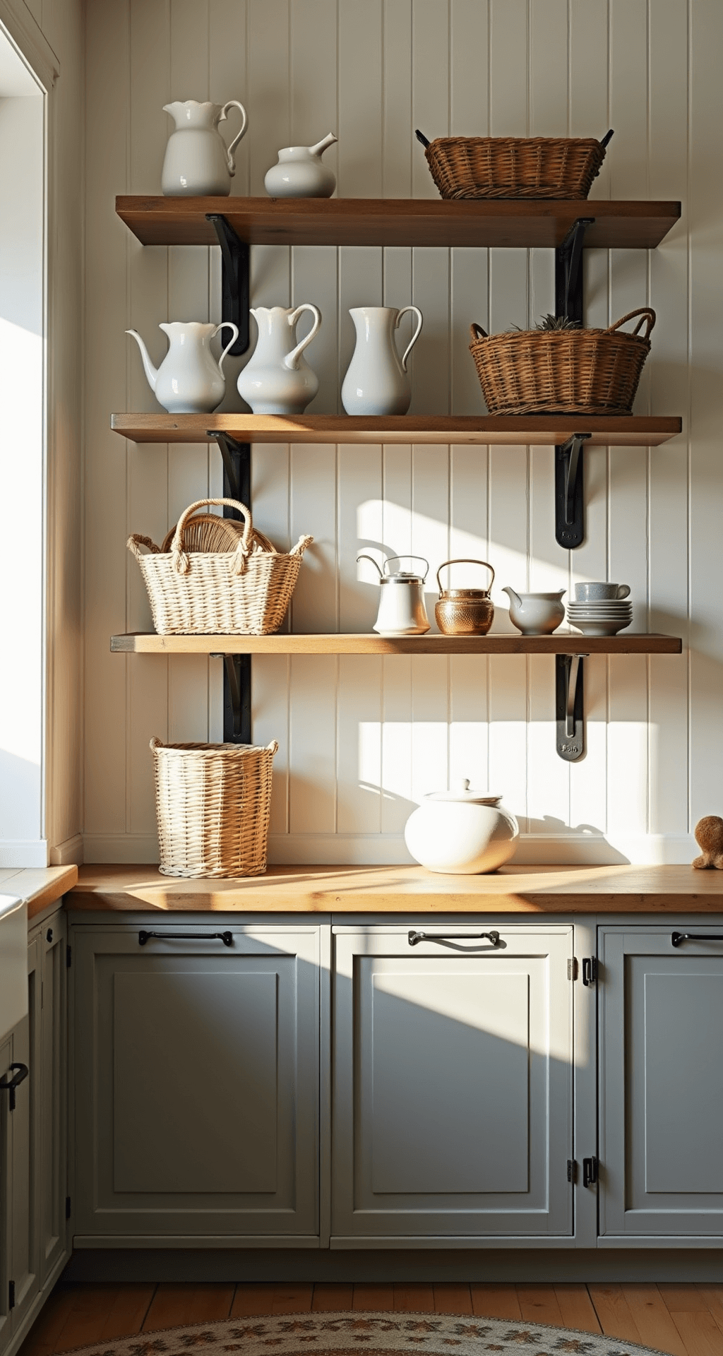 Eye-level view of a 12-foot cottage kitchen featuring floor-to-ceiling open shelving with raw wood shelves on black iron brackets against a shiplap wall, styled with white ironstone pitchers, copper measuring cups, and woven storage baskets. Warm gray chalk-painted lower cabinets and a vintage rug complete the cozy aesthetic, illuminated by late afternoon lighting that casts dramatic shadows.