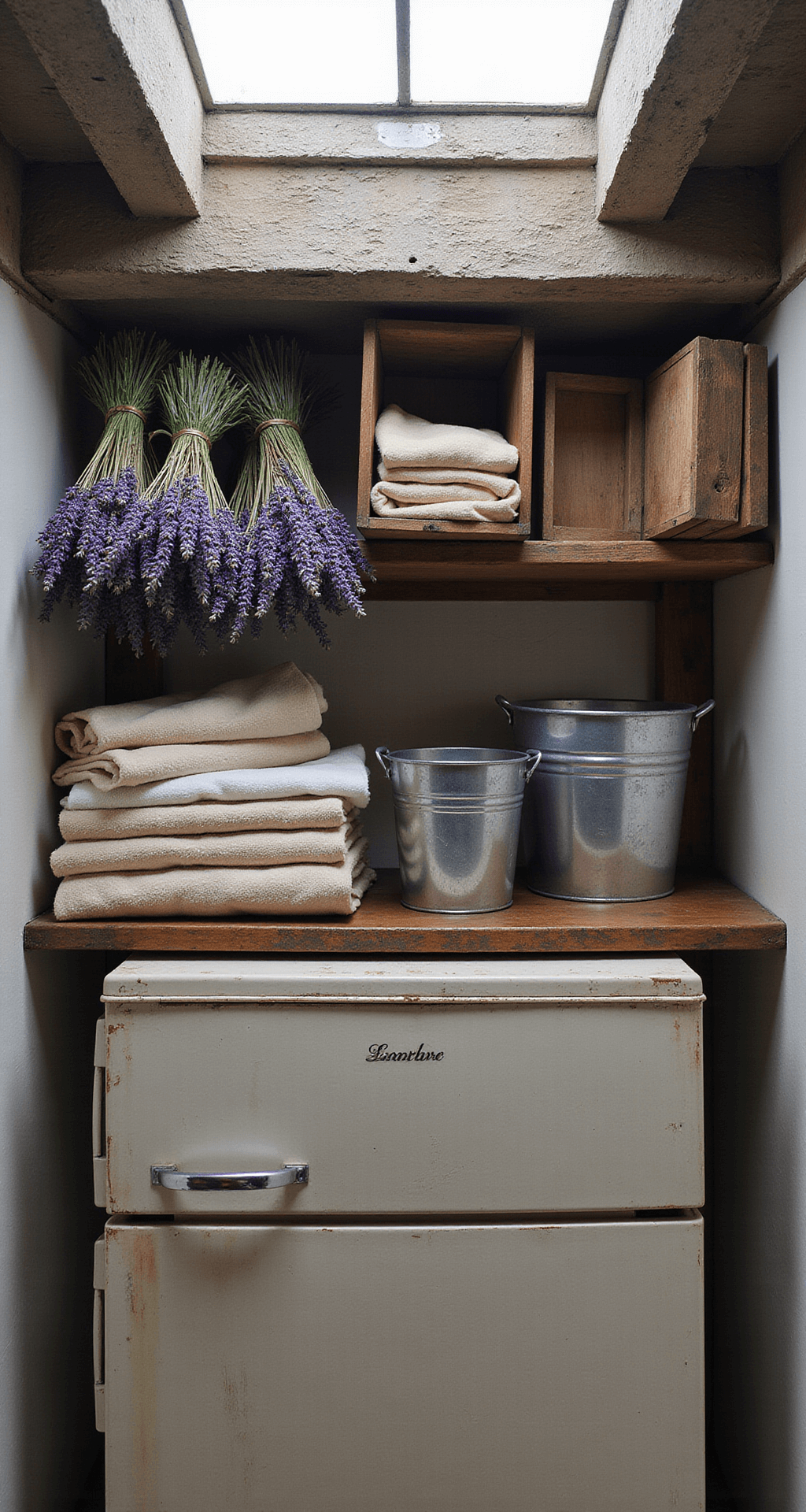 Intimate shot of an over-refrigerator storage area featuring antique wooden crates for linens, galvanized metal bins, dried lavender bundles hanging from an exposed beam, all in muted earth tones with lavender accents, captured in soft overcast daylight.