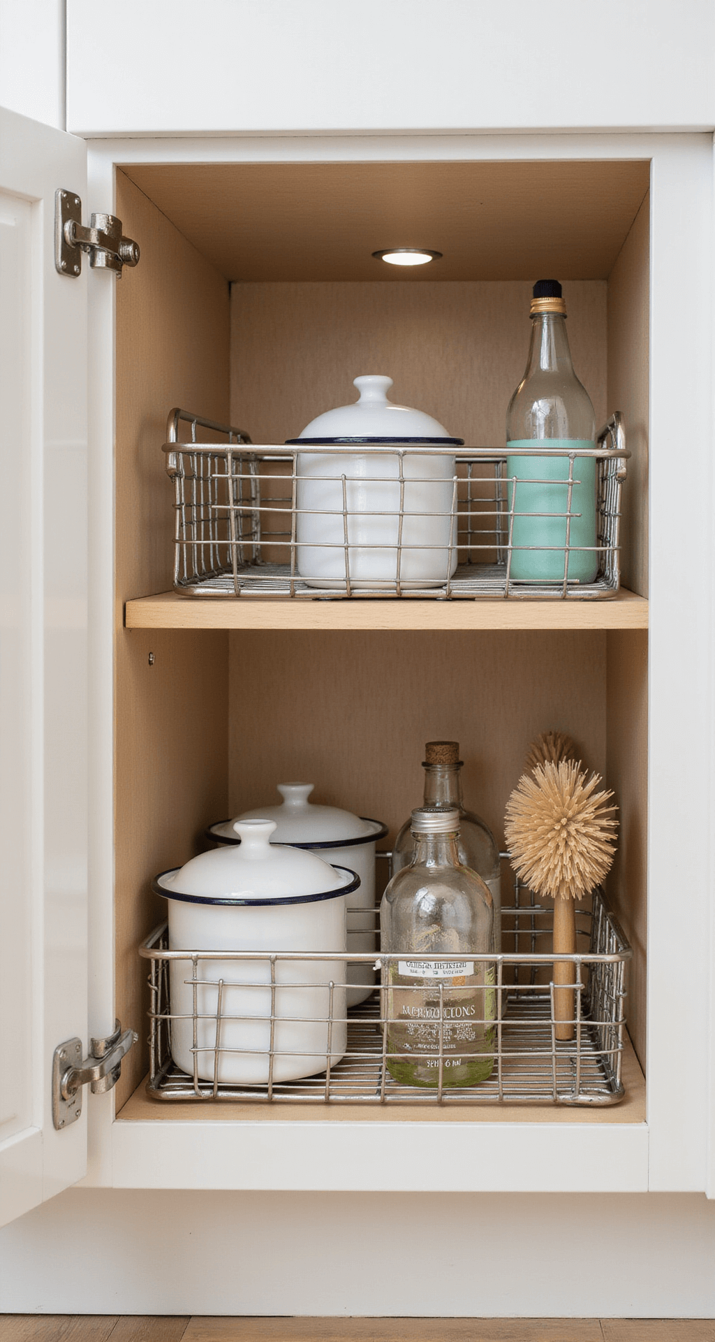 Detail shot of an under-sink storage solution featuring pull-out wire baskets, vintage enamel cleaning supplies in a metal caddy, and natural fiber scrub brushes with glass spray bottles, all illuminated by warm task lighting.