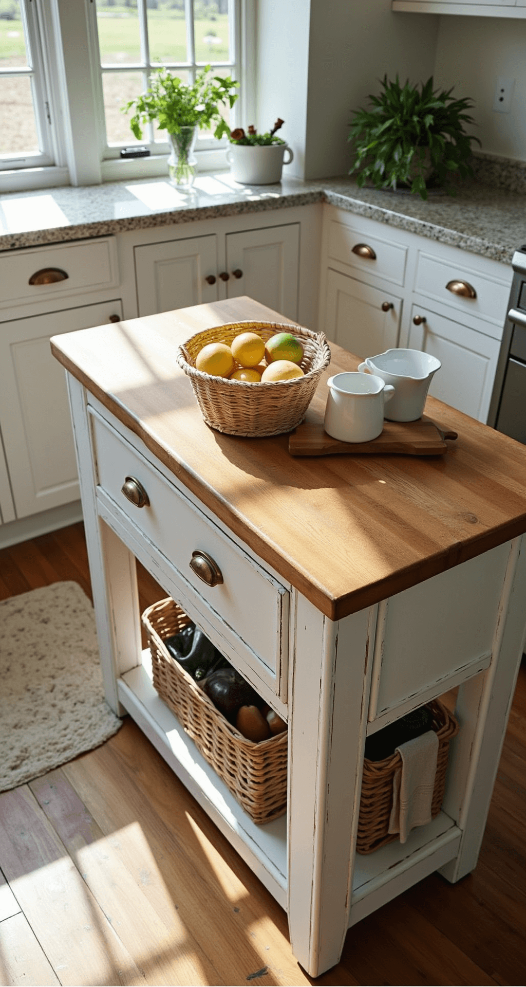 Overhead view of a cottage kitchen island with built-in storage and a butcher block top, featuring distressed white base drawers with vintage brass pulls, corner basket storage for produce, and styled with white ceramic bowls and linen tea towels, captured in mixed afternoon light.