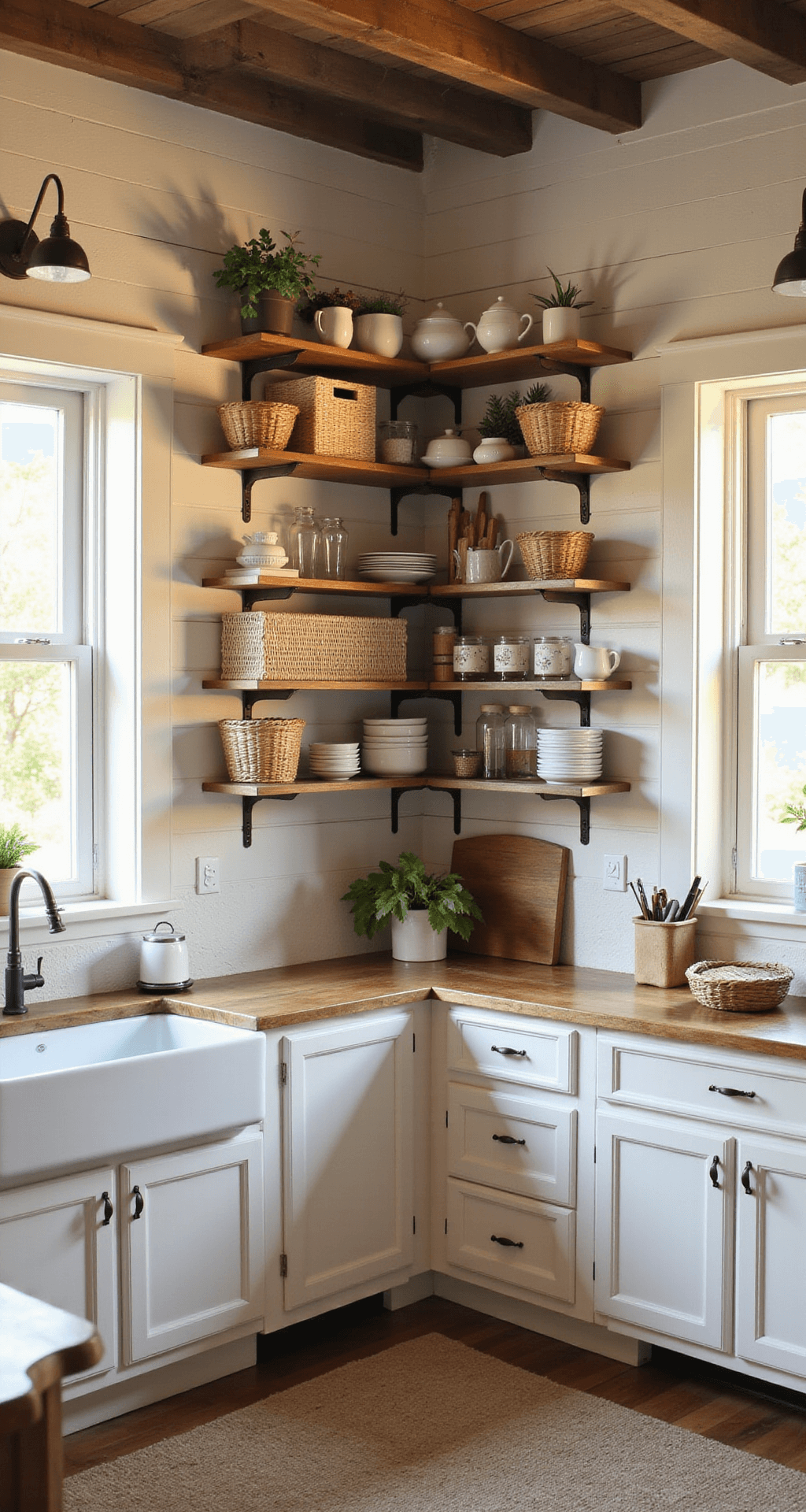 A well-organized cottage kitchen featuring floor-to-ceiling storage with creamy white upper cabinets, open shelving, and vintage storage pieces, all illuminated by golden hour backlighting through windows. Exposed beams highlight the 10-foot ceiling, while a soft neutral palette is accented with copper and brass elements. Natural materials like wood, ceramic, glass, and wicker add warmth and texture to the space.