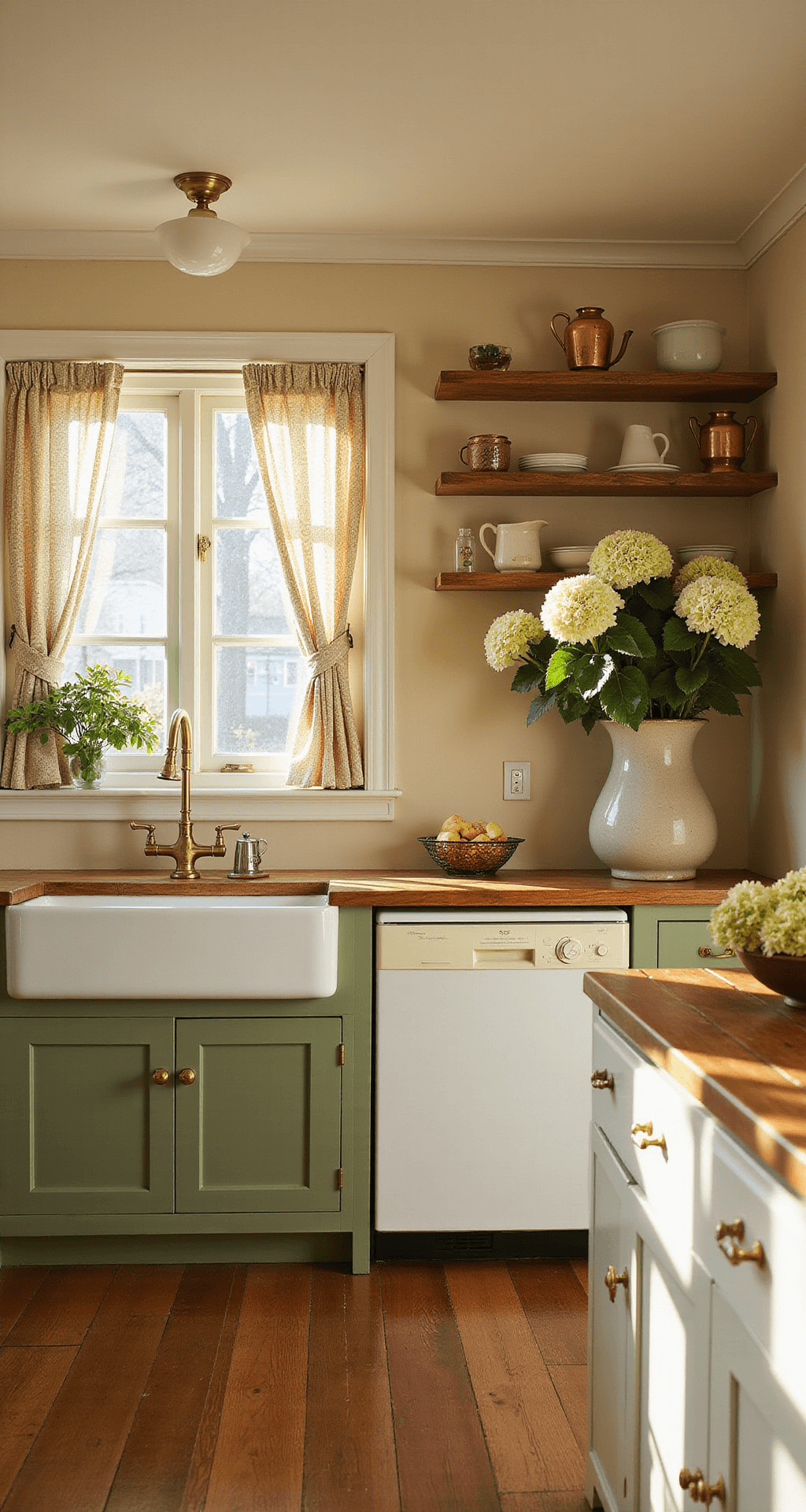 A sunlit cottage kitchen with sage green lower cabinets, creamy white upper cabinets, and butcher block countertops, featuring a farmhouse sink, open shelving with vintage cookware, and a ceramic vase of hydrangeas, captured from a low angle during golden hour.