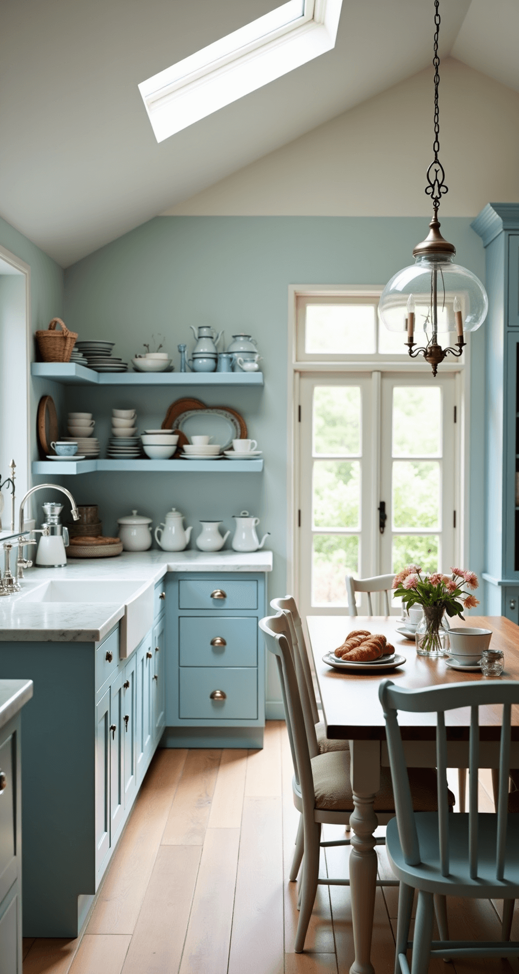 Intimate morning kitchen scene featuring pastel blue cabinets, white marble countertops, and vintage enamelware on open shelving, with croissants and coffee on a farm table under soft natural light from a skylight, framed by French doors overlooking a garden.