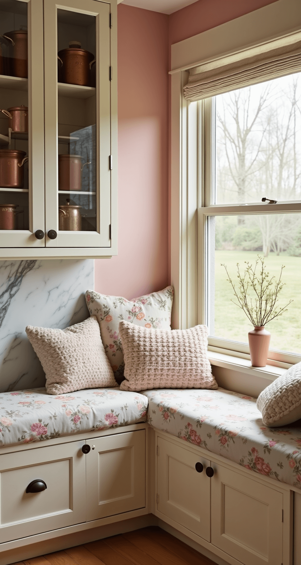 Cozy kitchen nook with blush pink walls and cream cabinets, featuring a marble backsplash, copper pots, a vintage floral cushioned window seat, and warm afternoon light.